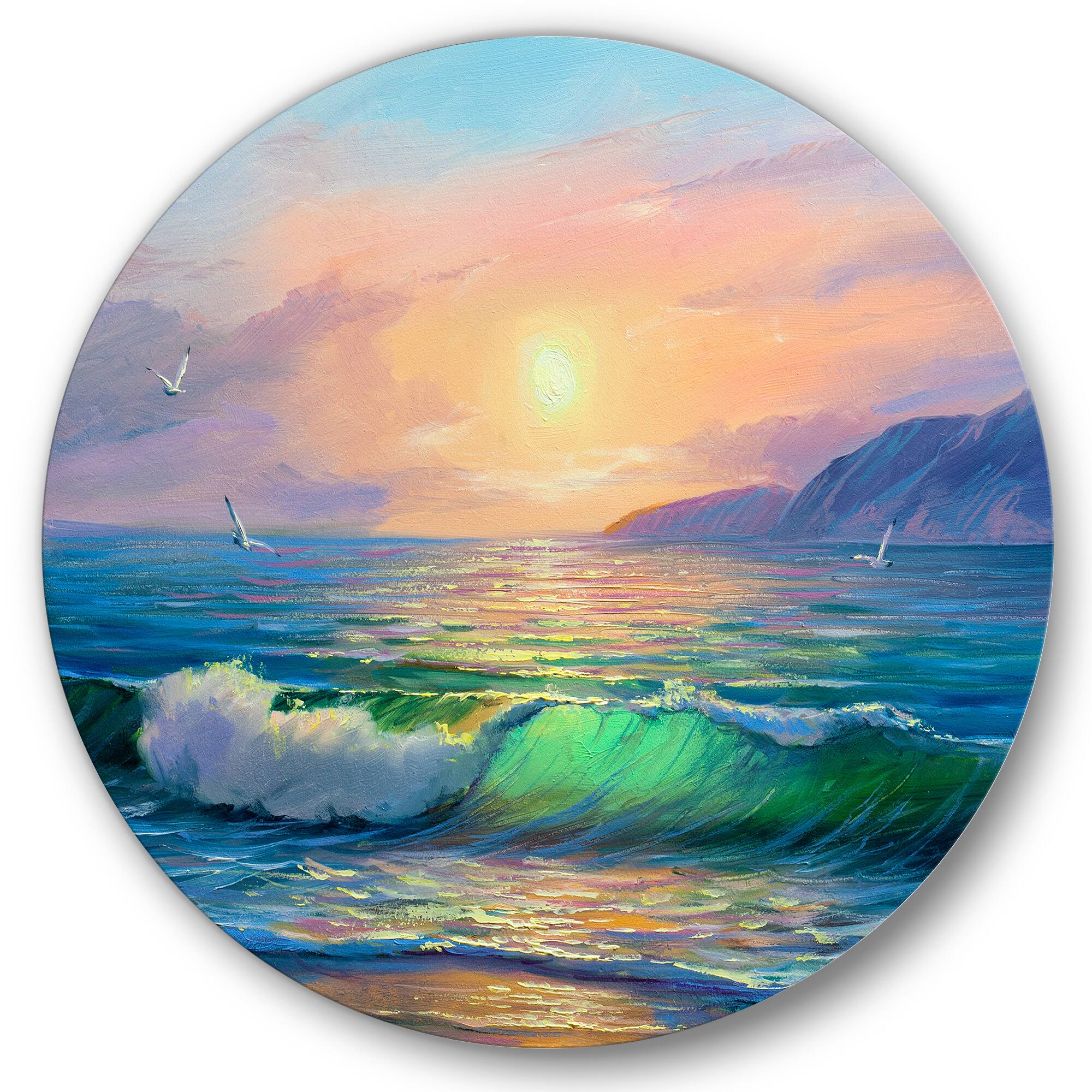 Designart - Blue Waves Breaking At The Beach V - Nautical &#x26; Coastal Metal Circle Wall Art