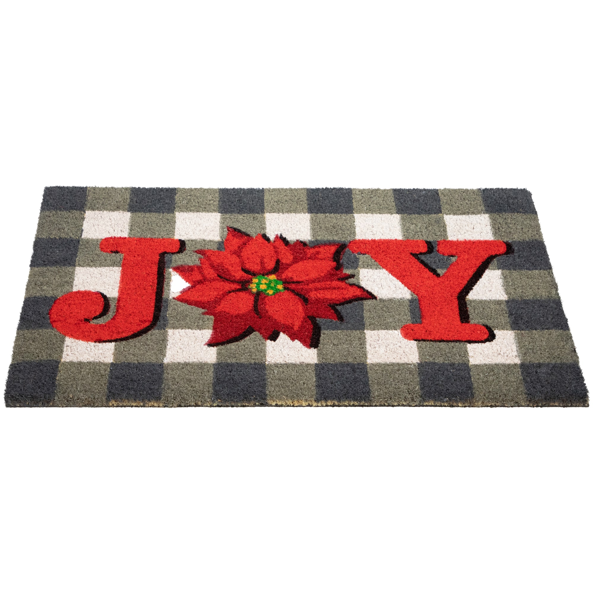 Gray and Red Poinsettia &#x22;Joy&#x22; Christmas Natural Coir Outdoor Doormat 18&#x22; x 30&#x22;