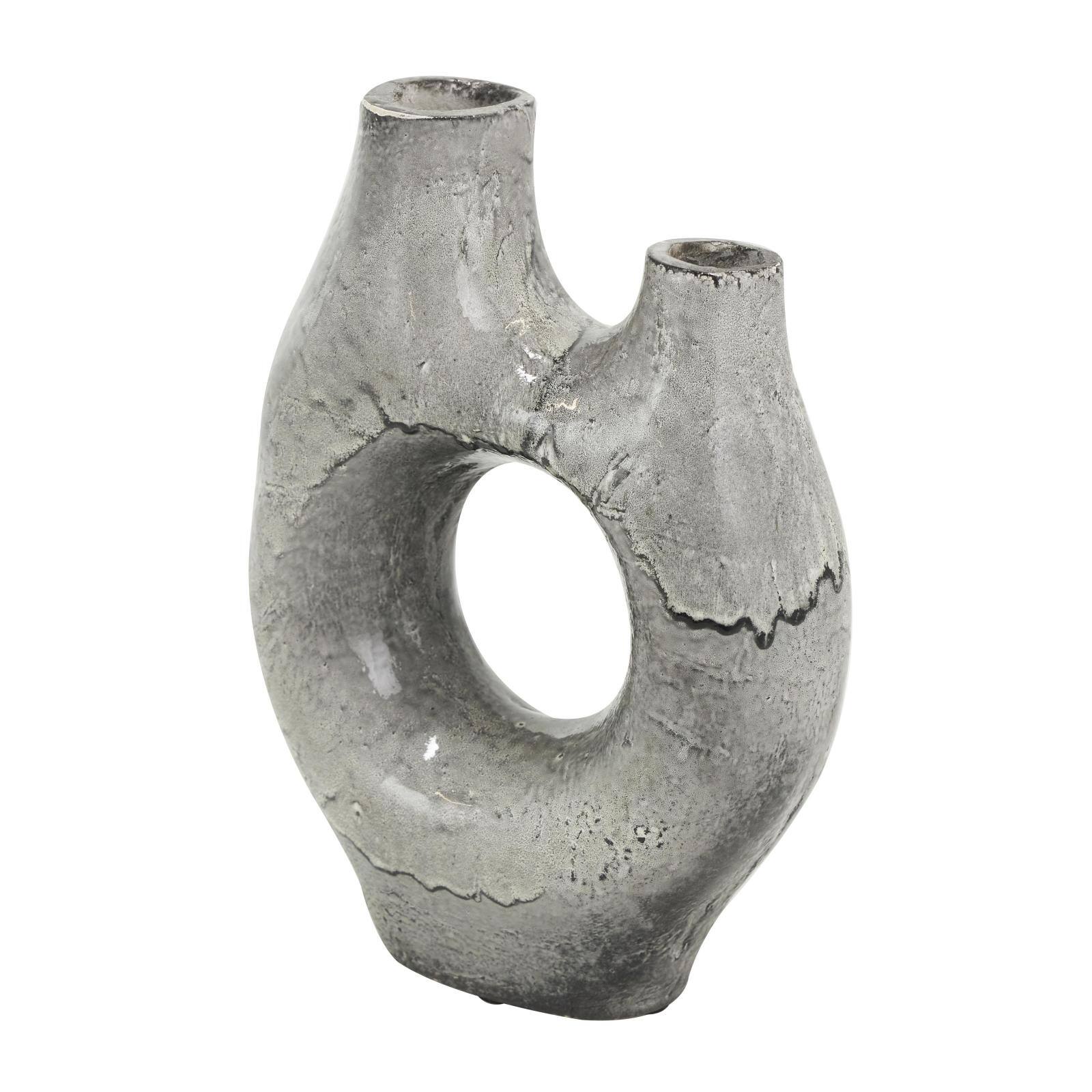 Gray Paper Mache Abstract Circular Vase with Dual Openings