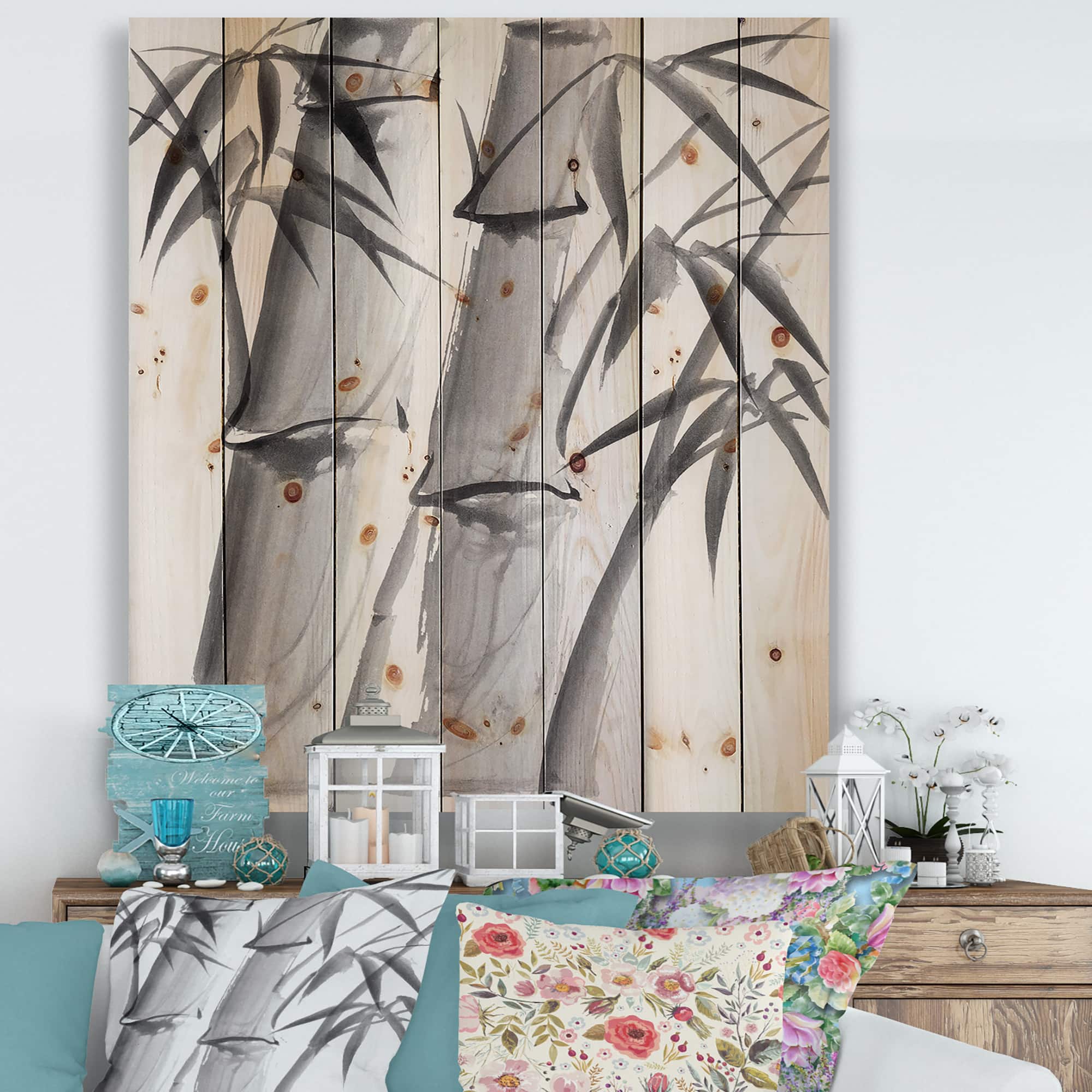 Designart - Vintage Monochrome Bamboo IV - Traditional Print on Natural Pine Wood