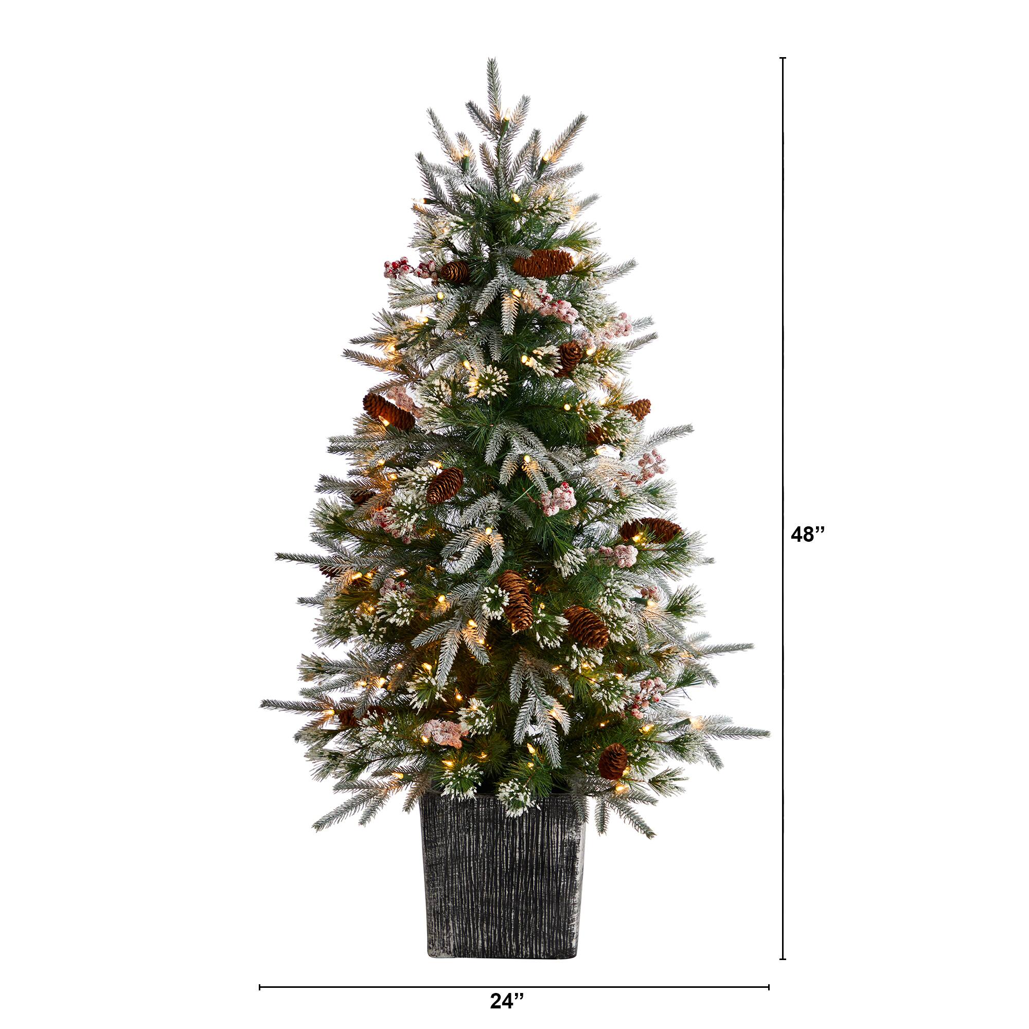 4ft. Pre-Lit Frosted Artificial Christmas Tree in Decorative Planter, White LED Lights