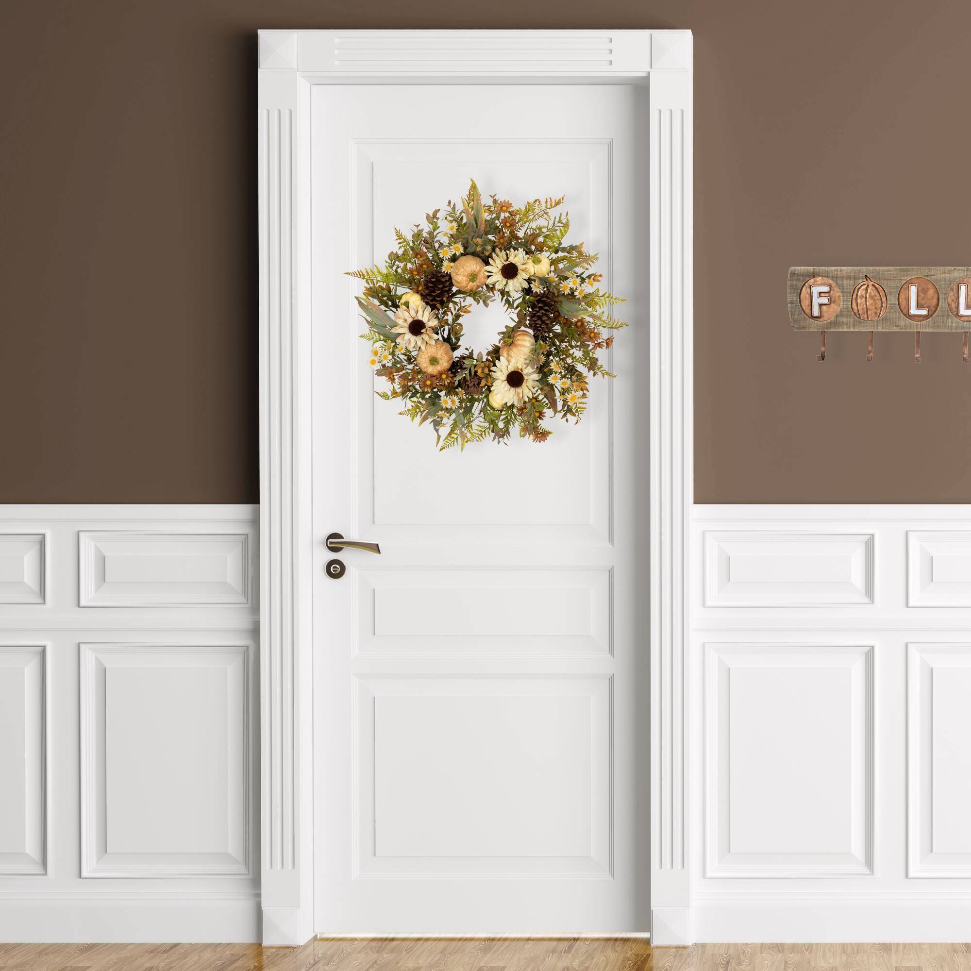 28" White Sunflowers & Pumpkins Fall Harvest Wreath