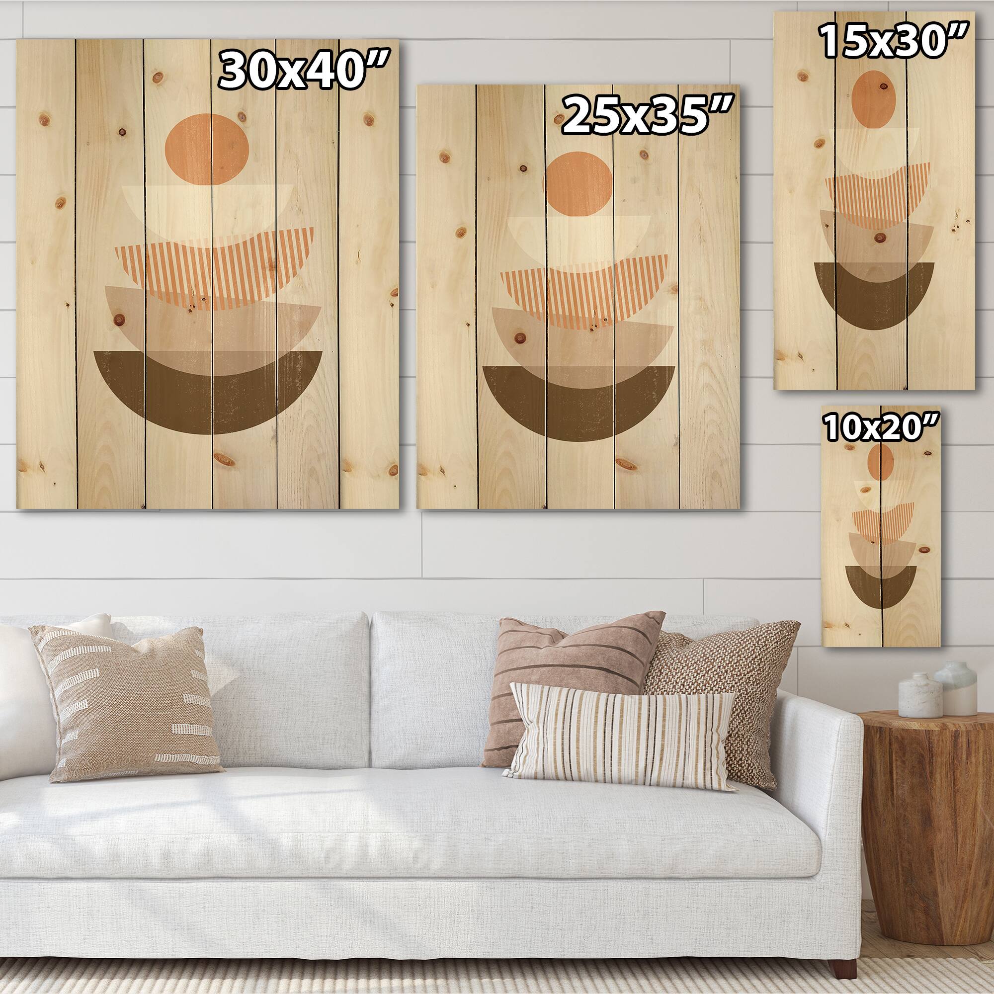 Designart - Abstract Sun & Moon Geometrics In Terracotta I - Modern Print on Natural Pine Wood