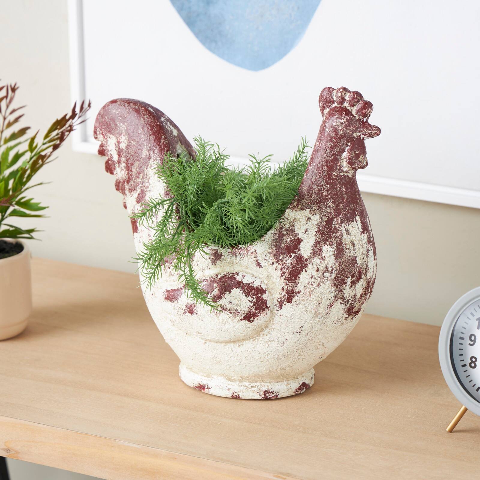 14" White & Rust Colored Rooster Planter