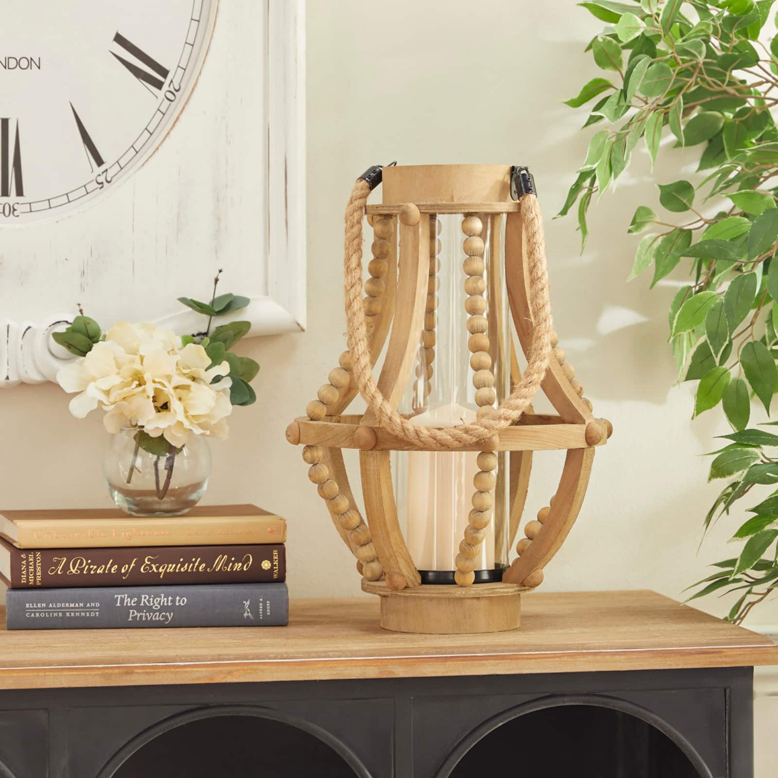 Beige Recycled Wood Farmhouse LED Lantern, 16" x 10" x 10"