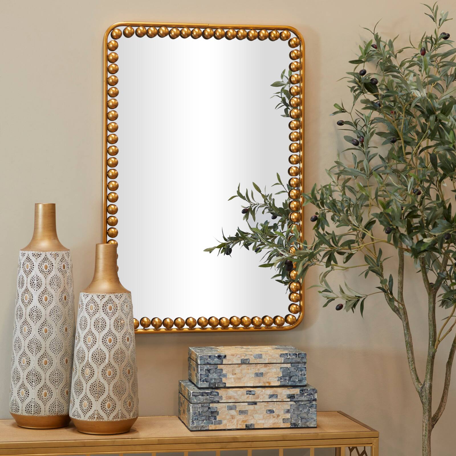 Gold Metal Wall Mirror with Beaded Detailing 24&#x22; x 2&#x22; x 36&#x22;