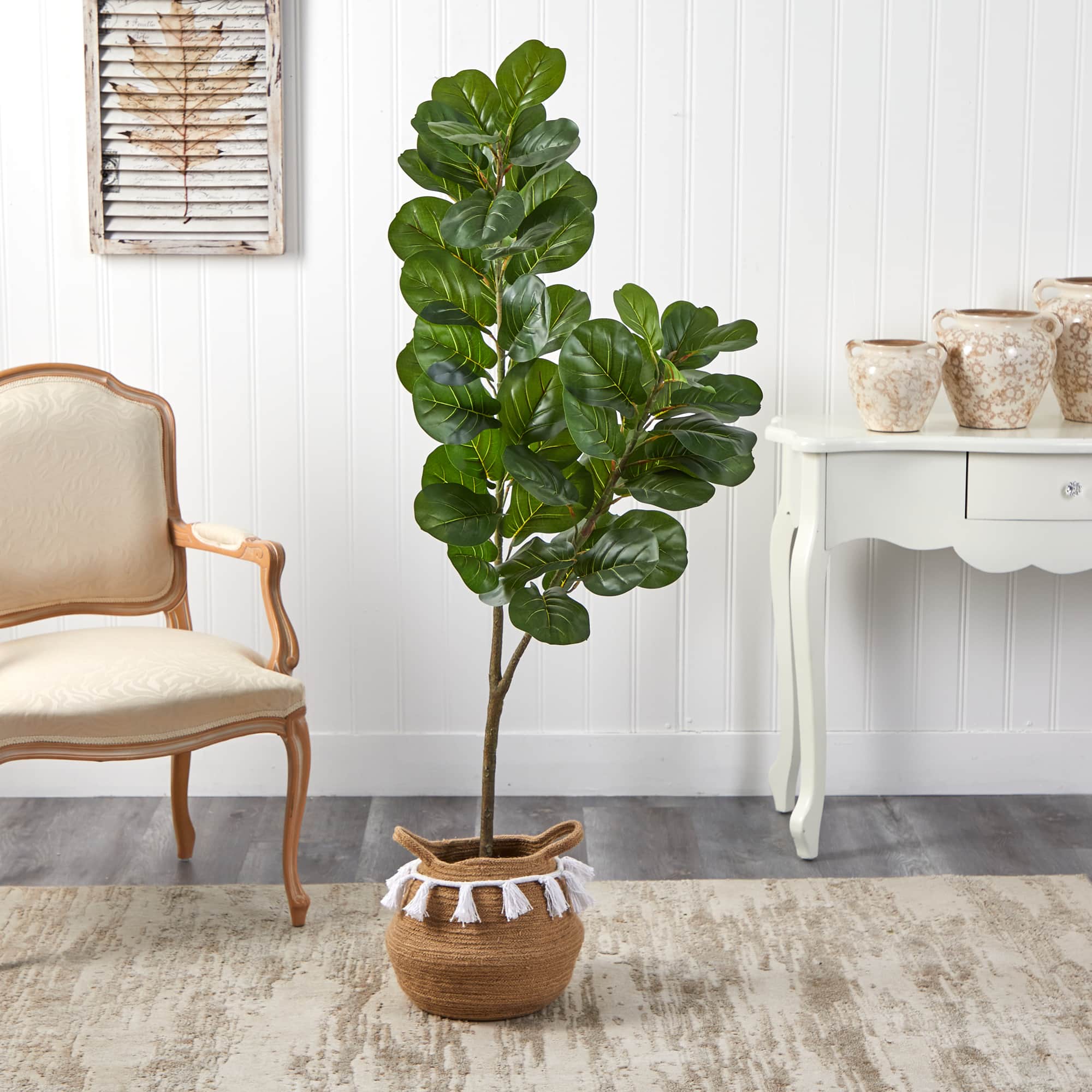 4.5ft. Fiddle Leaf Fig Artificial Tree with Boho Chic Handmade Natural Cotton Woven Planter with Tassels