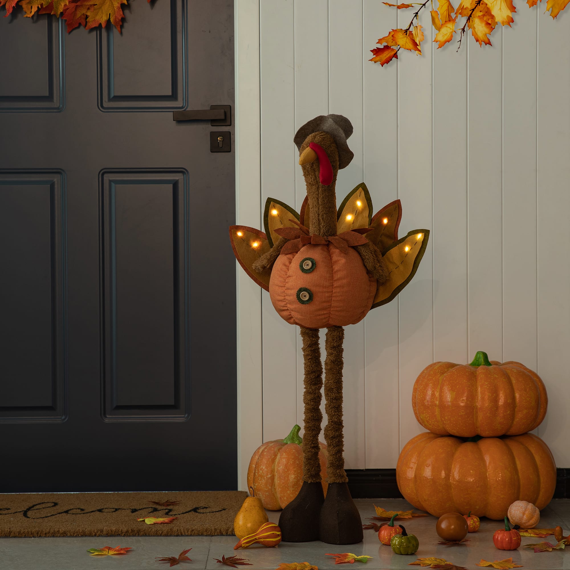 Glitzhome&#xAE; Lighted Fabric Turkey Standing D&#xE9;cor with Telescoping Legs &#x26; Timer