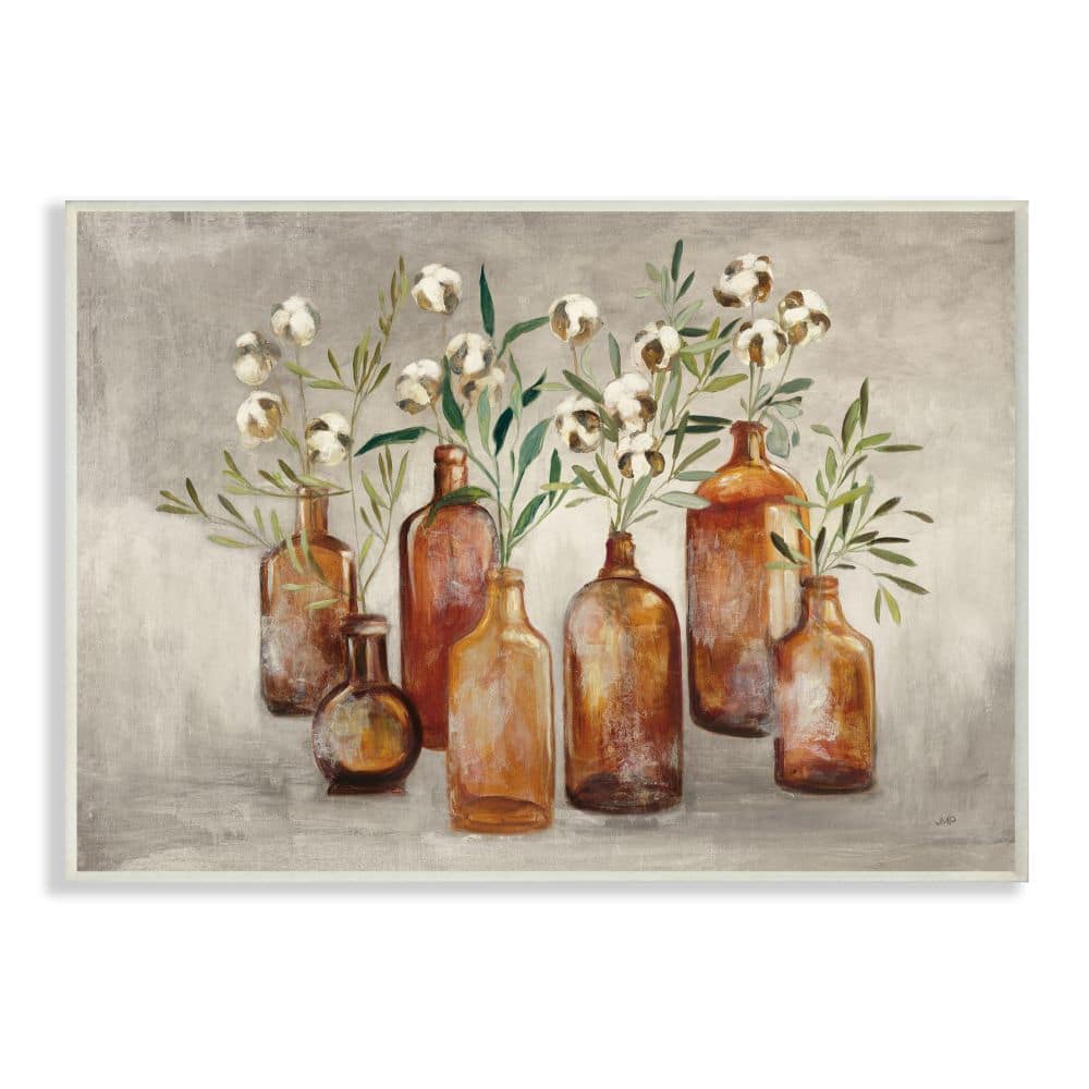 Stupell Industries Country Cotton Flower Stems in Glasses Brown Tan Painting Wood Wall Plaque