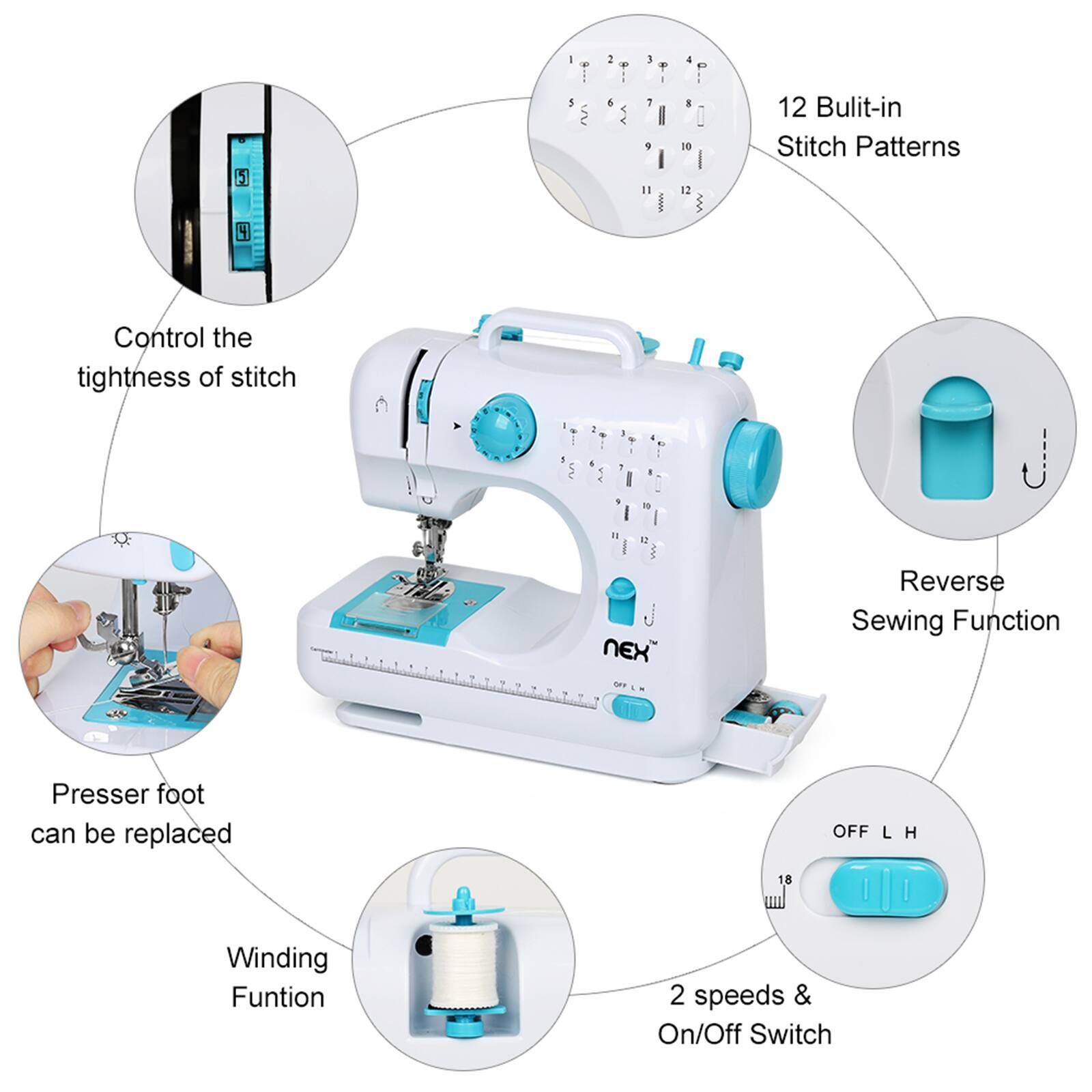 NEX™ Indigo Blue Modern Crafting Sewing Machine with 12 Built-In Stitches