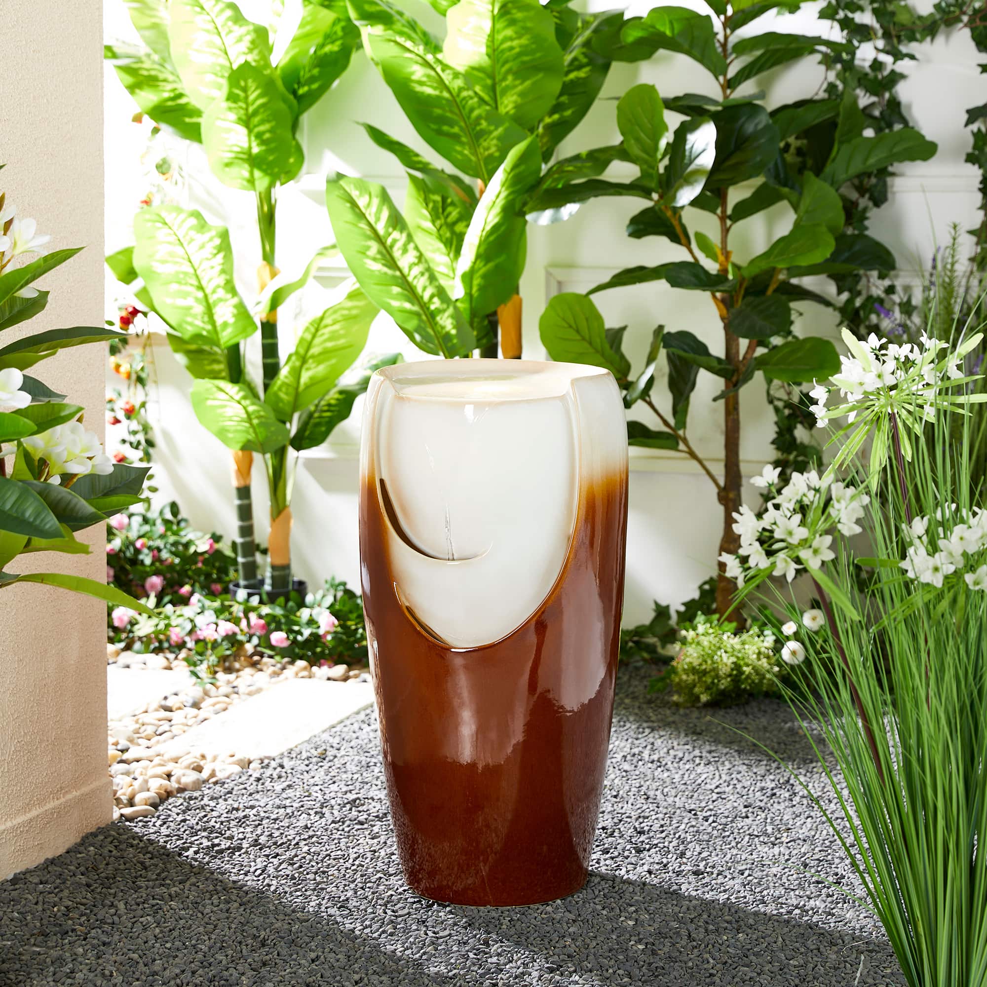 Glitzhome® 29.25" LED Sand Beige & Brown Ceramic Pot Outdoor Floor Fountain