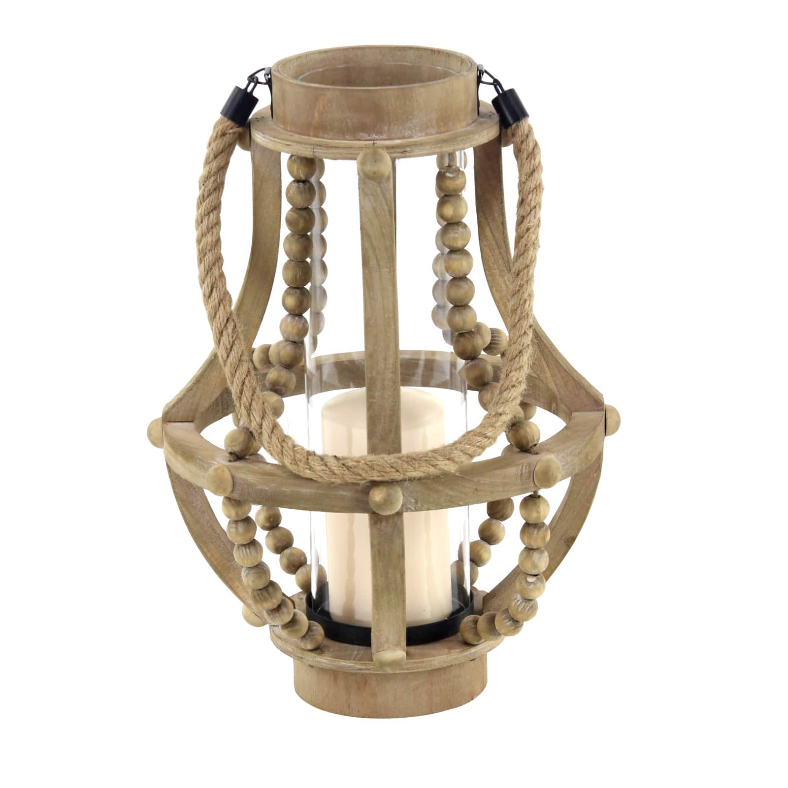 Beige Recycled Wood Farmhouse LED Lantern, 16&#x22; x 10&#x22; x 10&#x22;