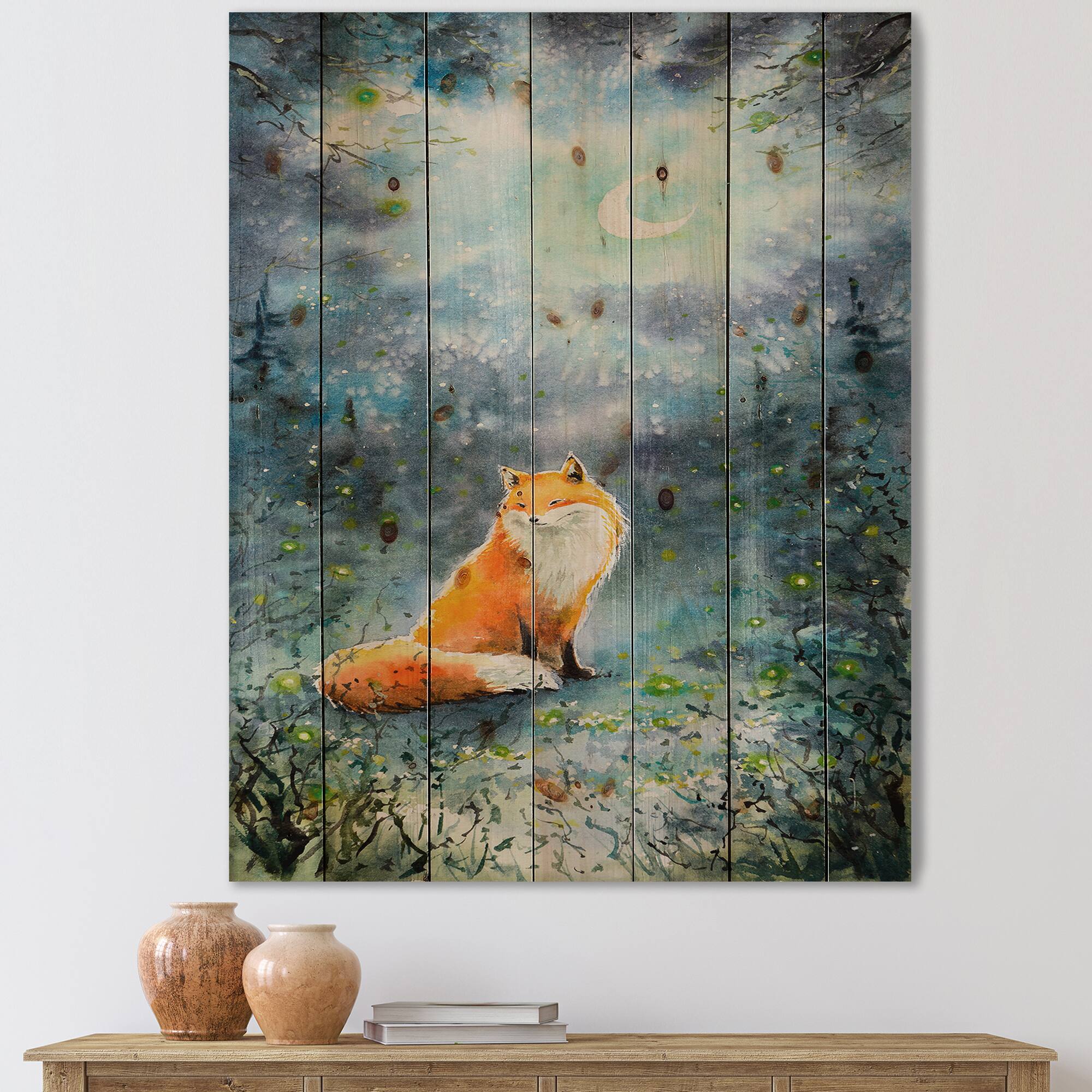 Designart - Fox Over A Night Sky - Children&#x27;s Art Print on Natural Pine Wood