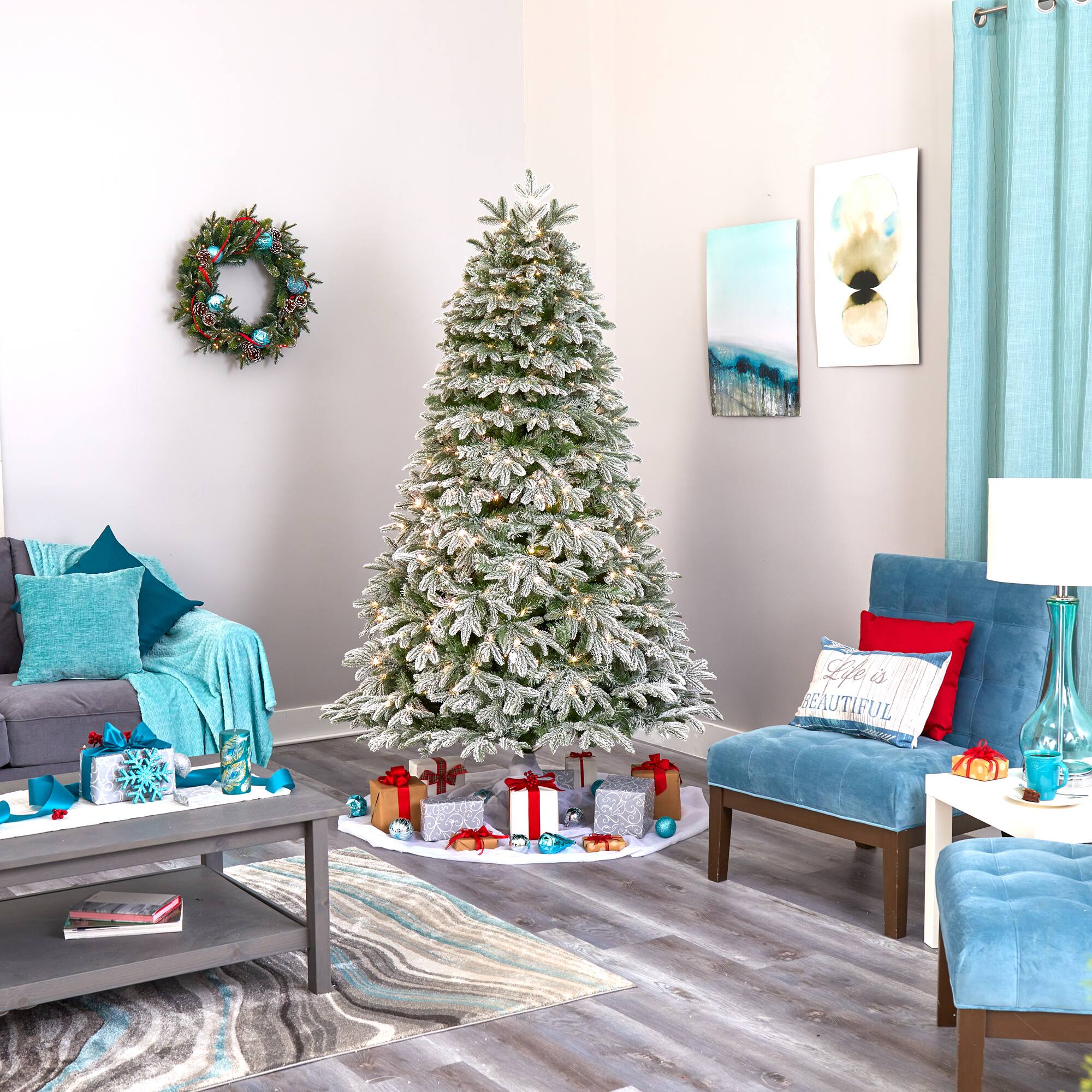 7ft. Pre-Lit Flocked Colorado Mountain Fir Artificial Christmas Tree, Warm White Microdot LED Lights