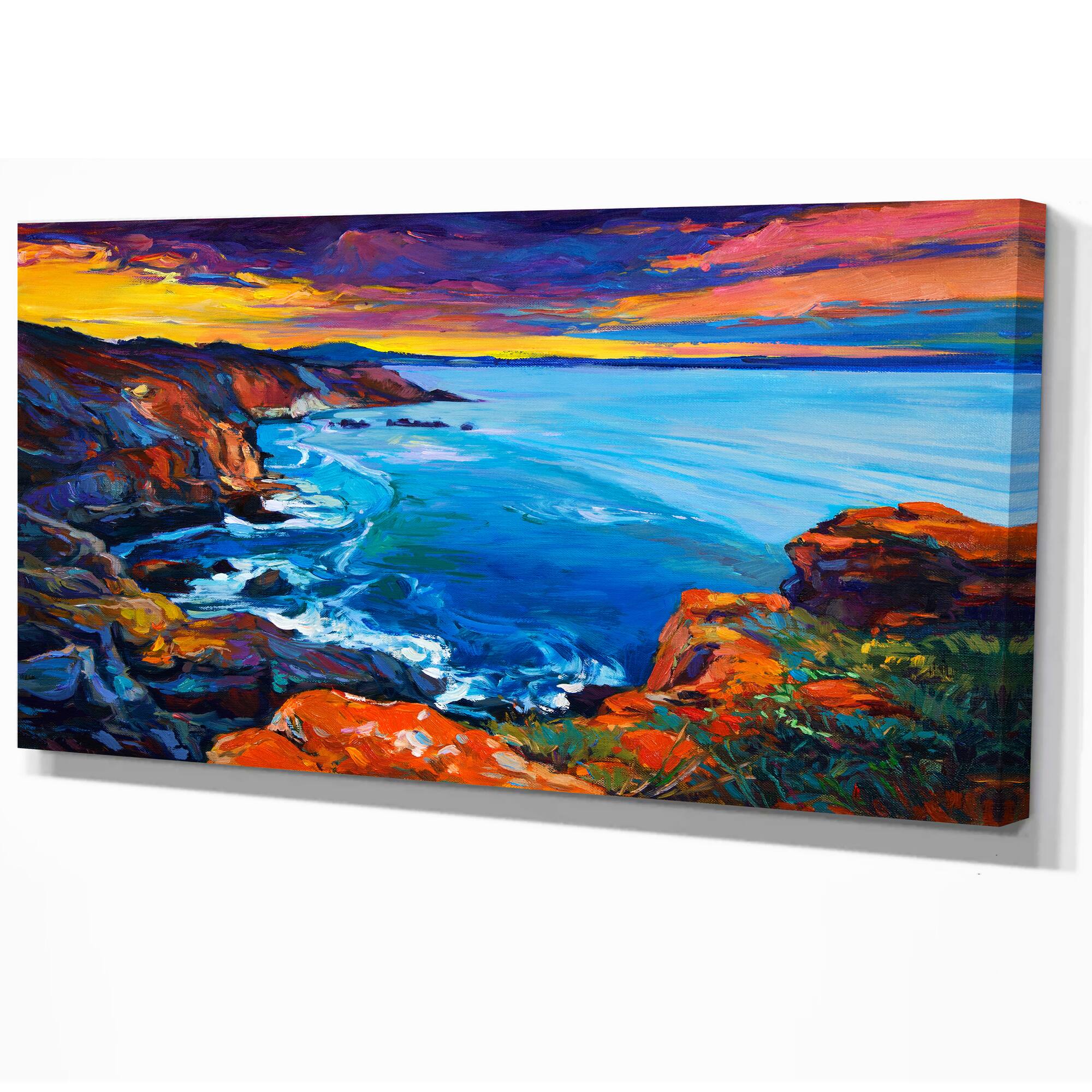 Designart - Rich Golden Sunset Over Ocean and Cliffs - Sea & Shore Painting Print on Wrapped Canvas