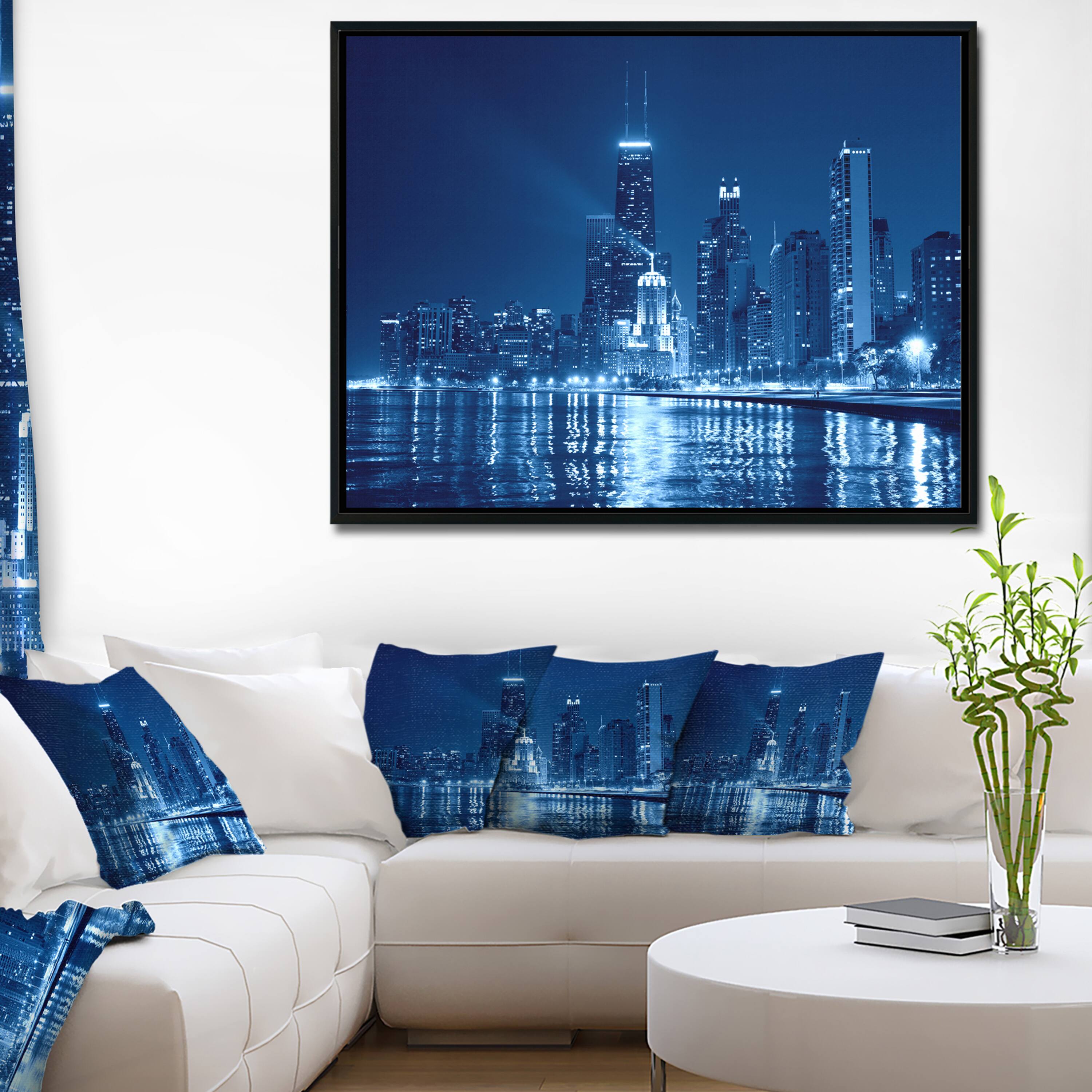 Designart - Blue Chicago Skyline Night - Cityscape Photo Framed Canvas Print