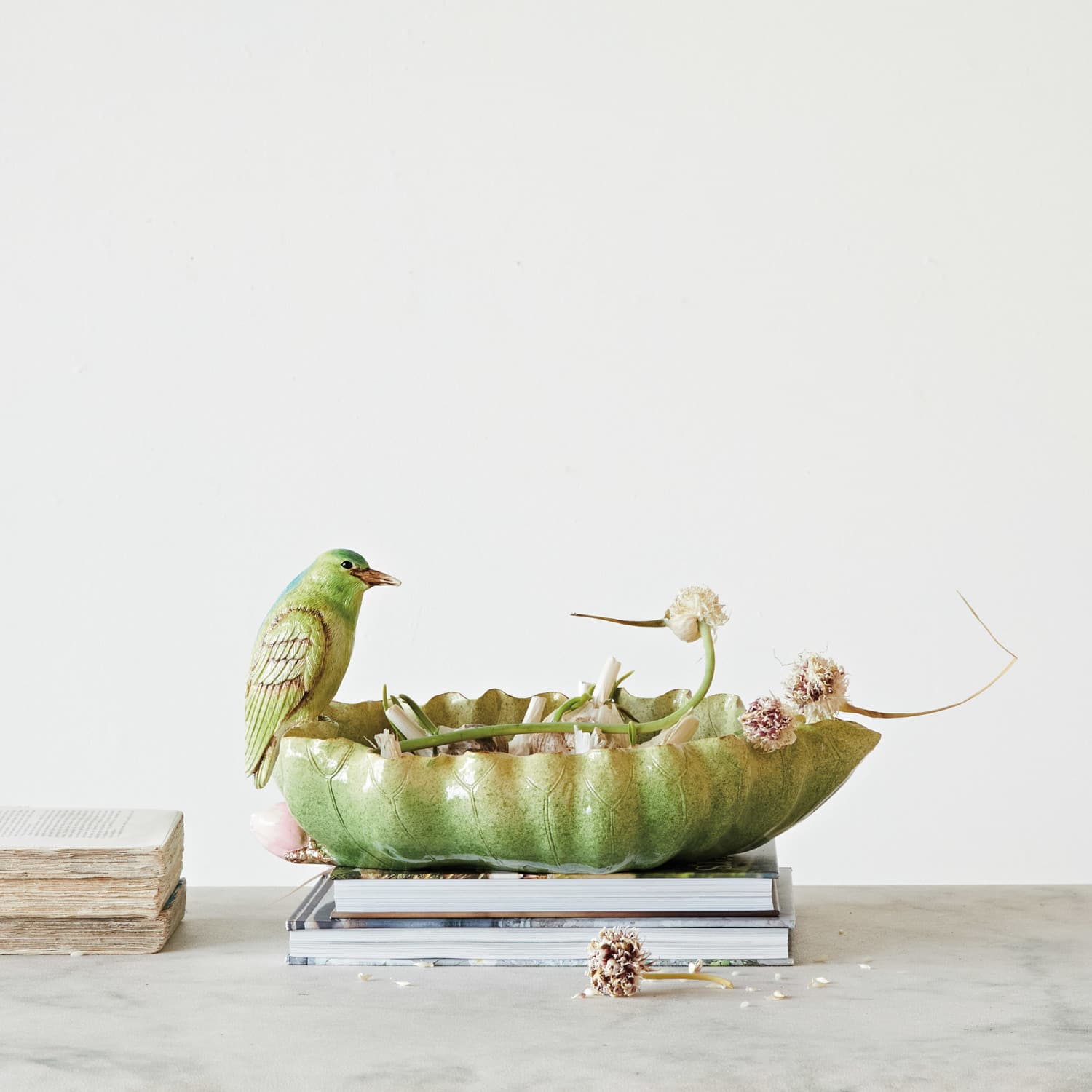 Hello Honey® 14.75" Green Leaf-Shaped Dish with Bird & Scalloped Edge