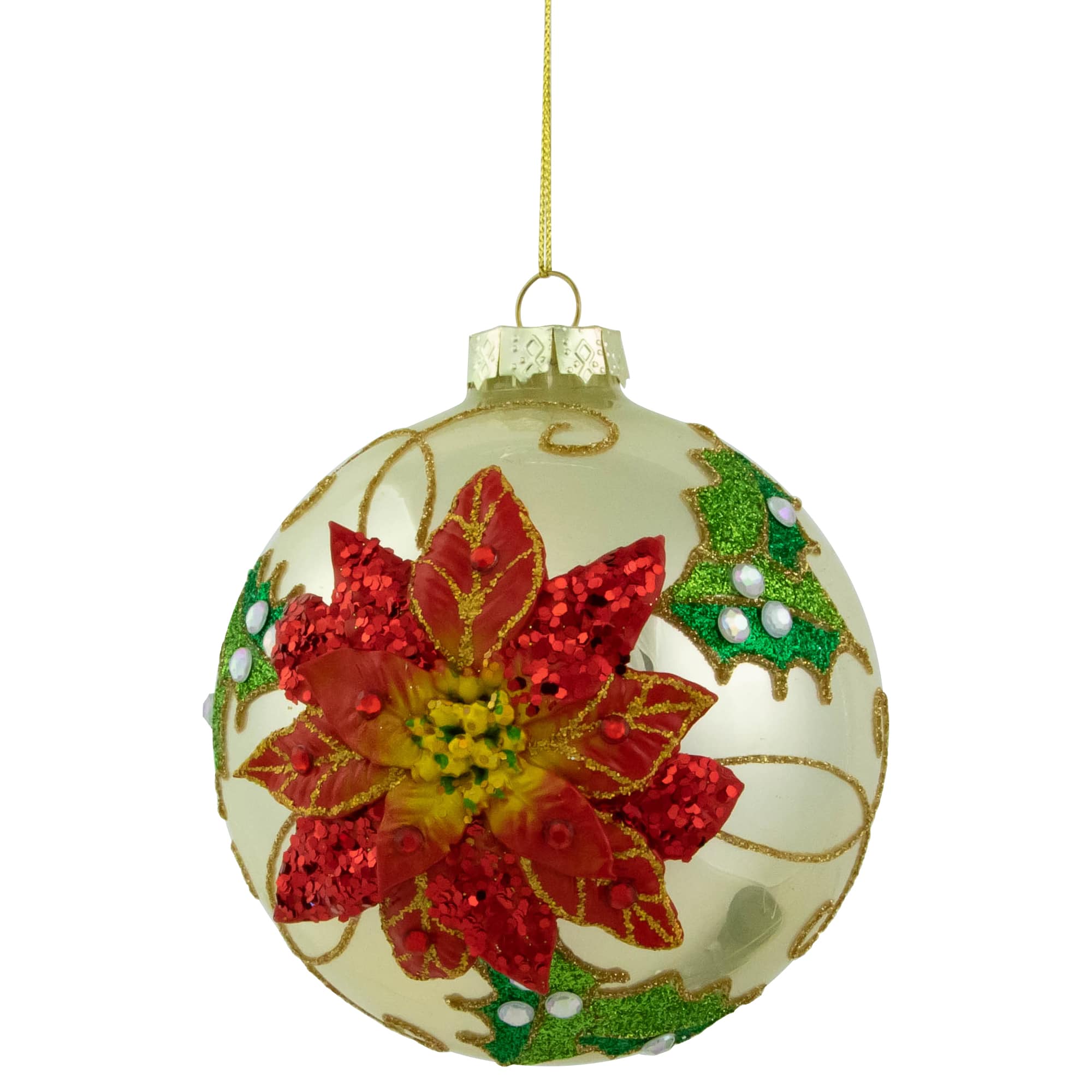 4" Red Glittered 2-D Poinsettia Glass Ball Ornament