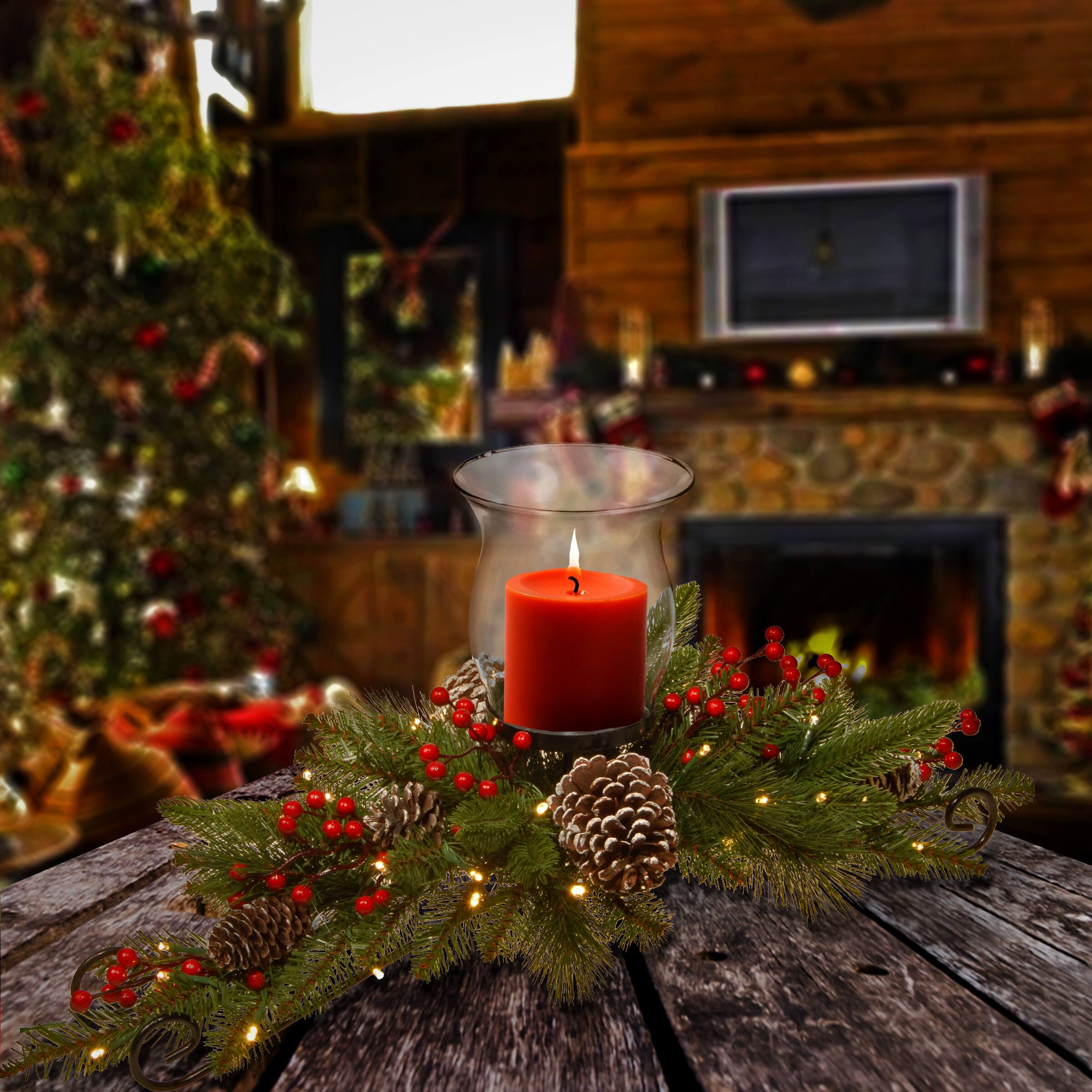 Feel Real&#xAE; Bristle Berry Glass Candle Holder Centerpiece with LED Lights