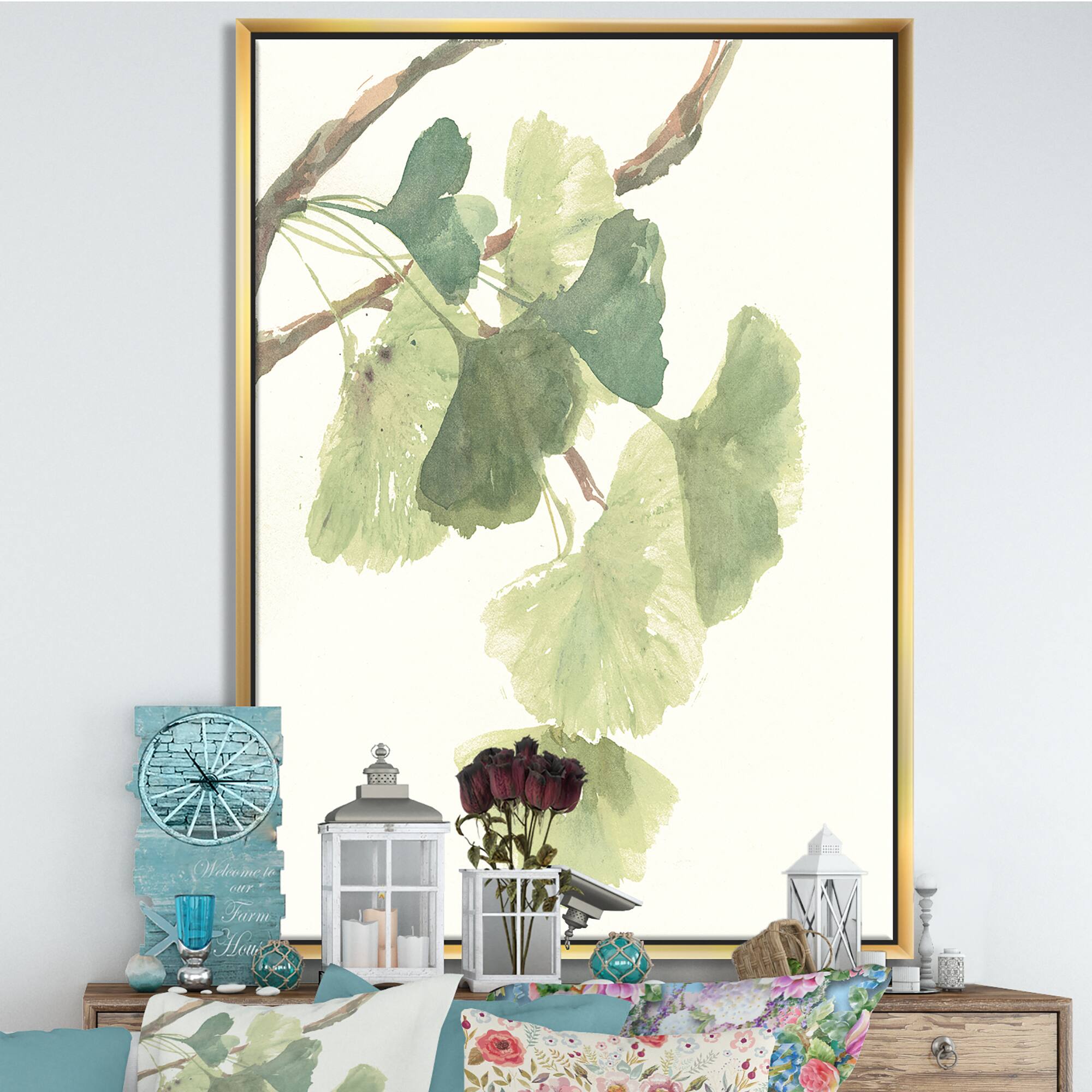 Designart - Watercolor Gingko Leaves I - Cabin & Lodge Canvas in Gold Frame