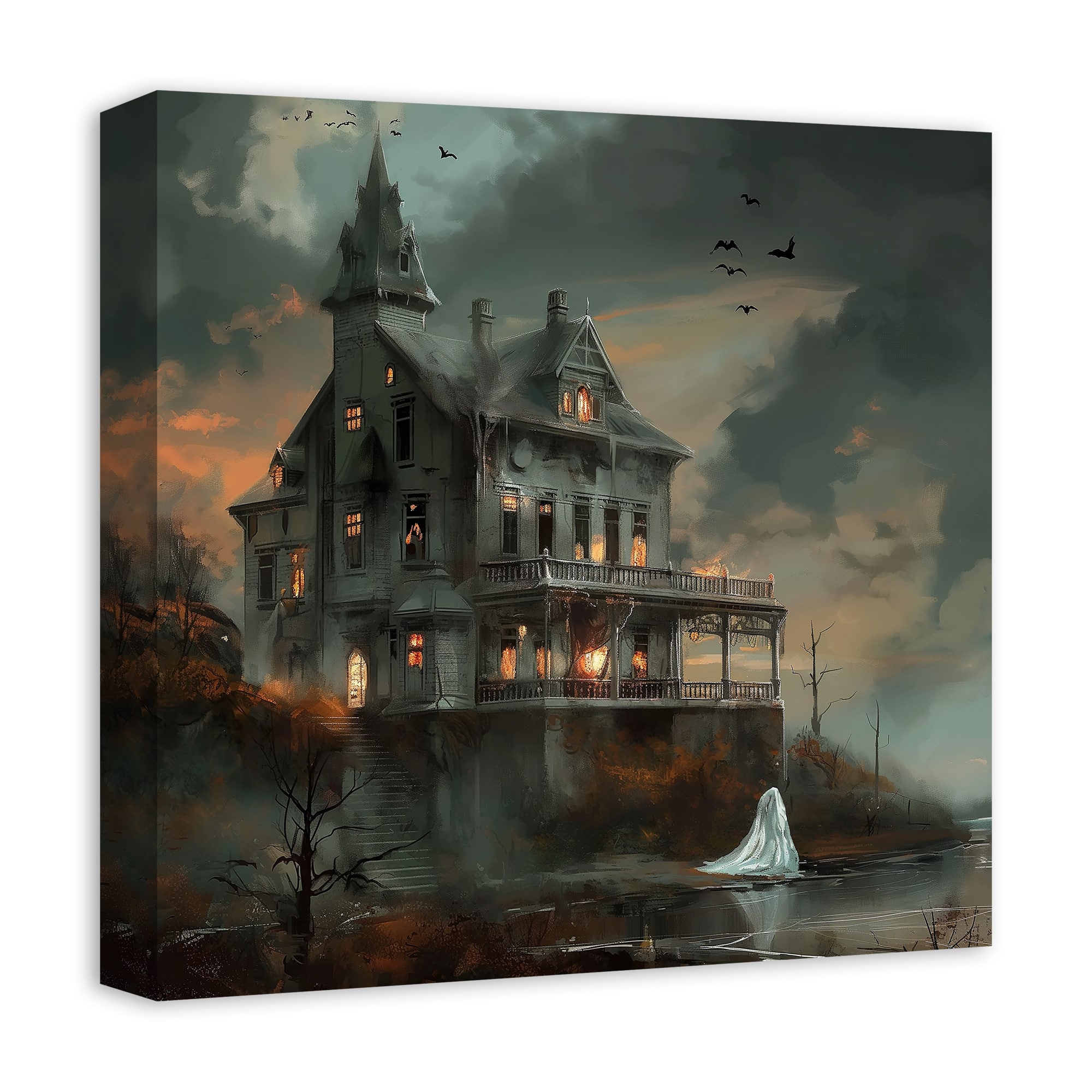 Haunted Lakeside Mansion 16&#x22; x 16&#x22; Canvas Wall Art