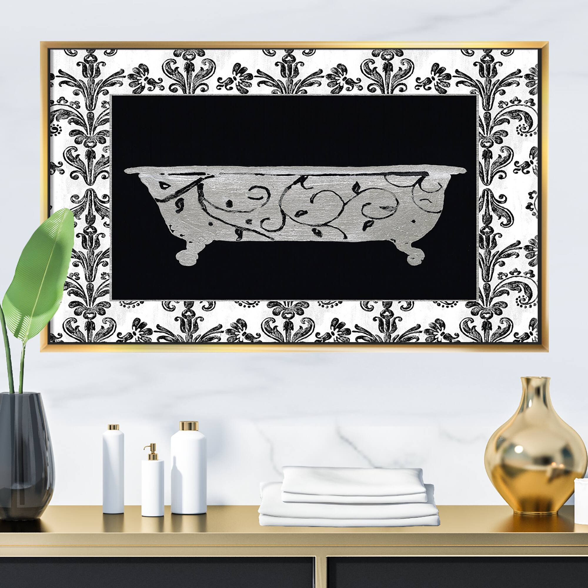 Designart - Paris Hotel Bathroom I - Traditional Bathroom Canvas in Gold Frame