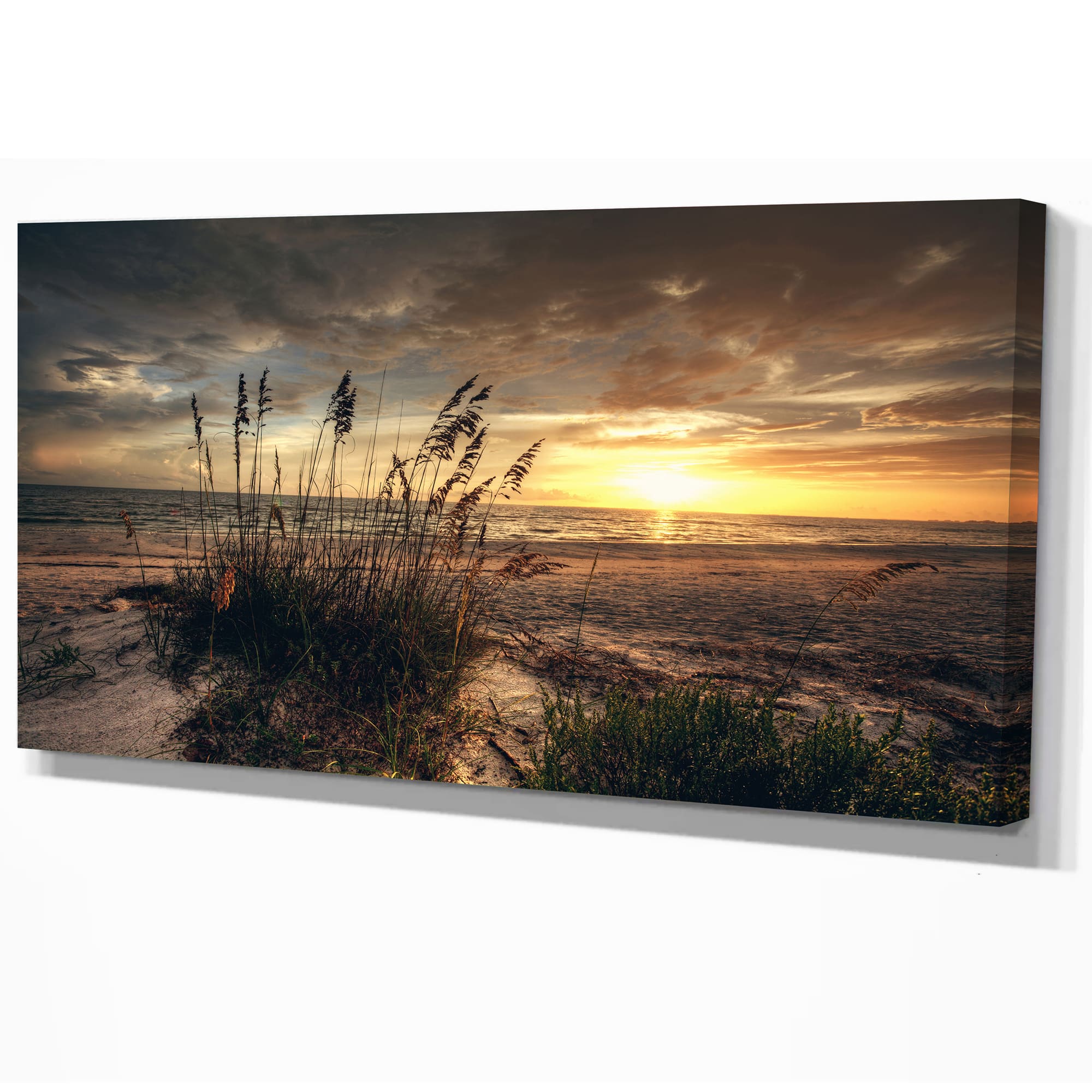 Designart - Grassy and beach sunset - Sea &#x26; Shore Photography on wrapped Canvas