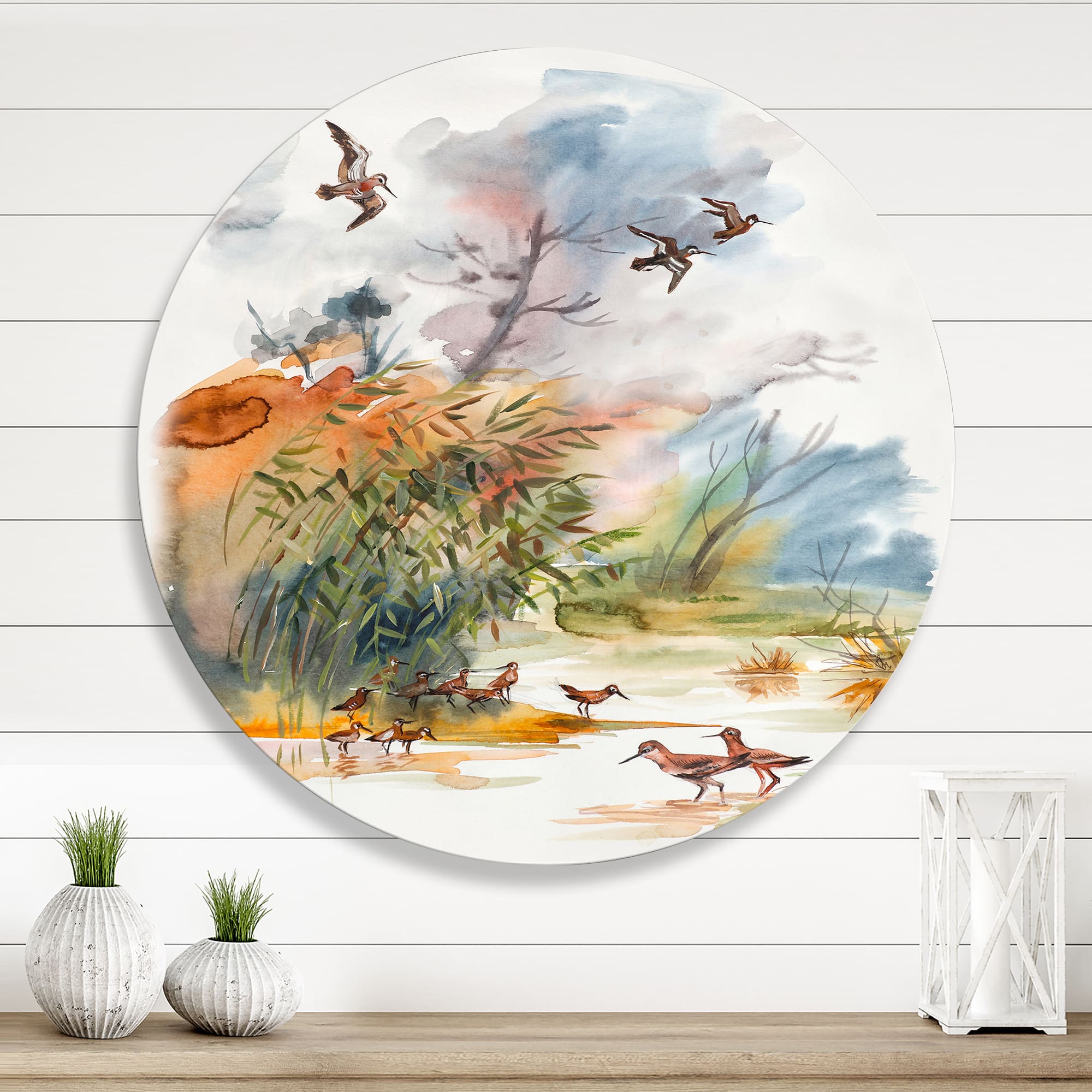 Designart - Autumn Landscape With Flying Over The Water - Traditional Metal Circle Wall Art