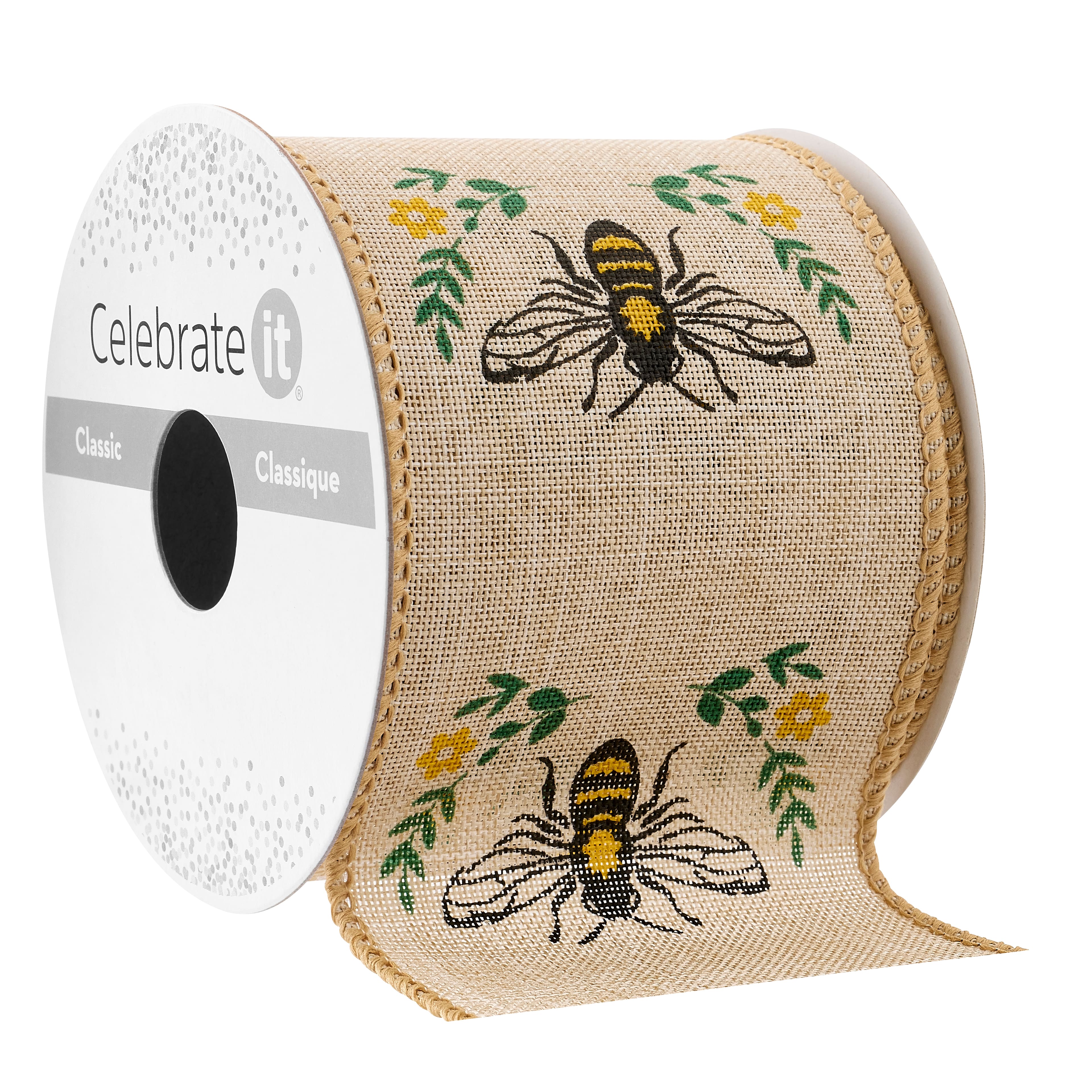 2.5&#x22; x 3yd. Natural Bee Wired Edge Ribbon by Celebrate It&#x2122;