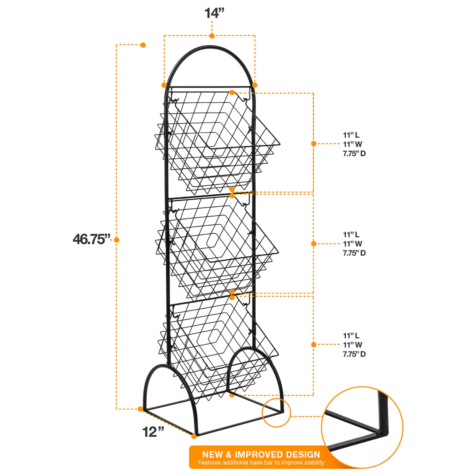 Sorbus 46.75" Black 3-Tier Adjustable Basket Stand