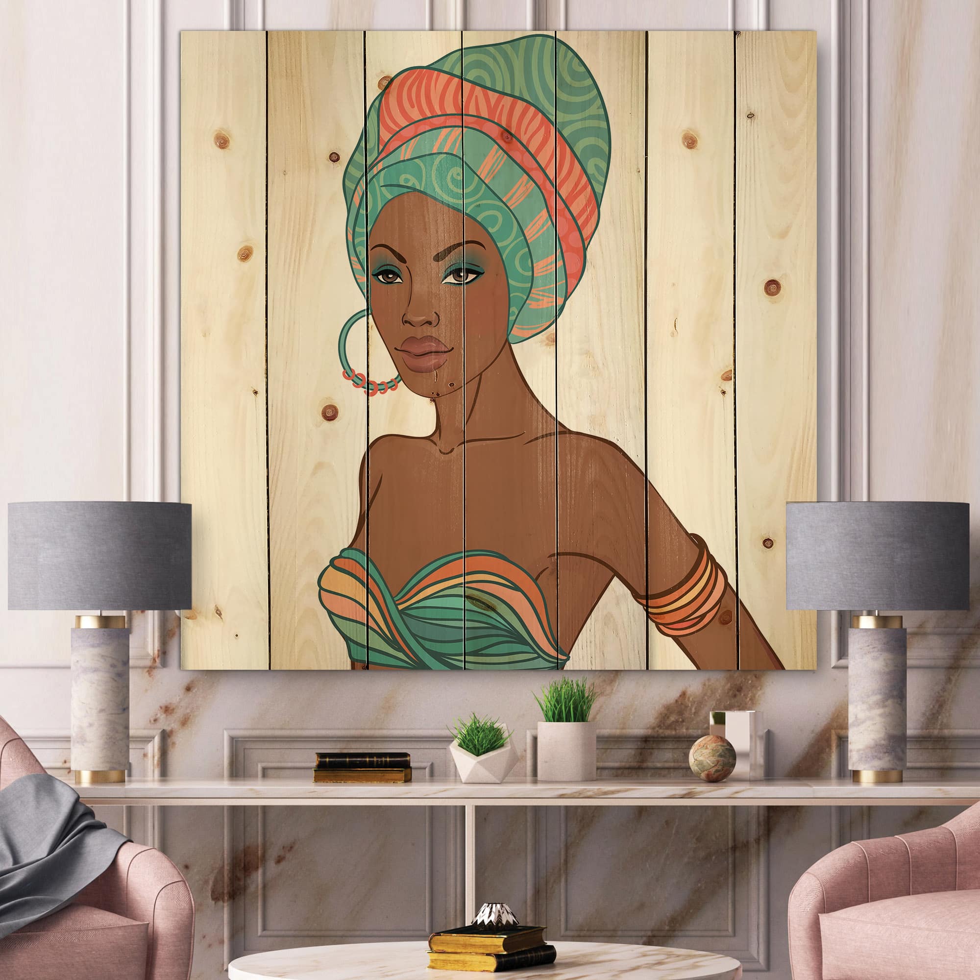 Designart - African American Woman With Earring &#x26; Turban - Modern Print on Natural Pine Wood