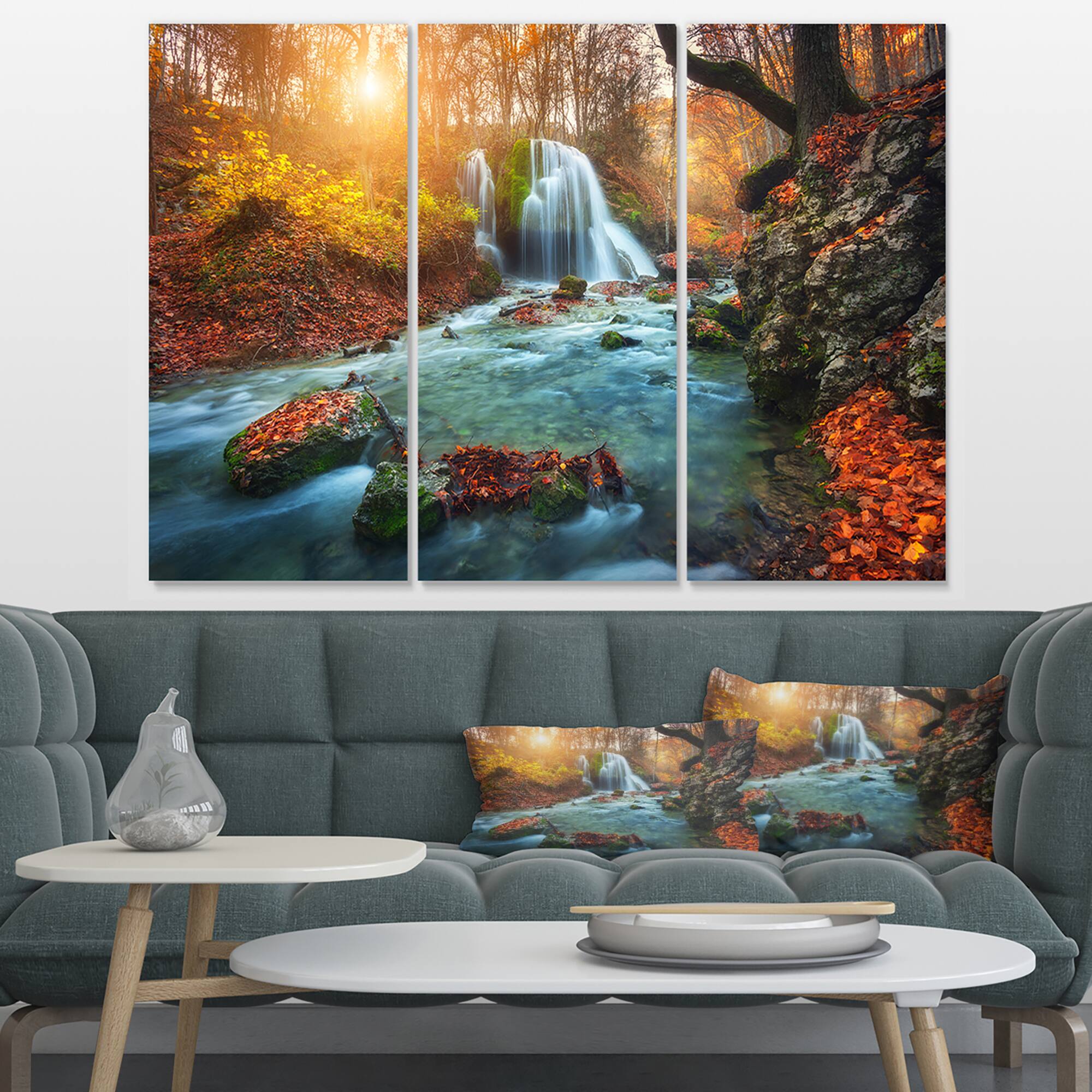 Designart - Fast Flowing Fall River in Forest - Landscape Photography Canvas Print