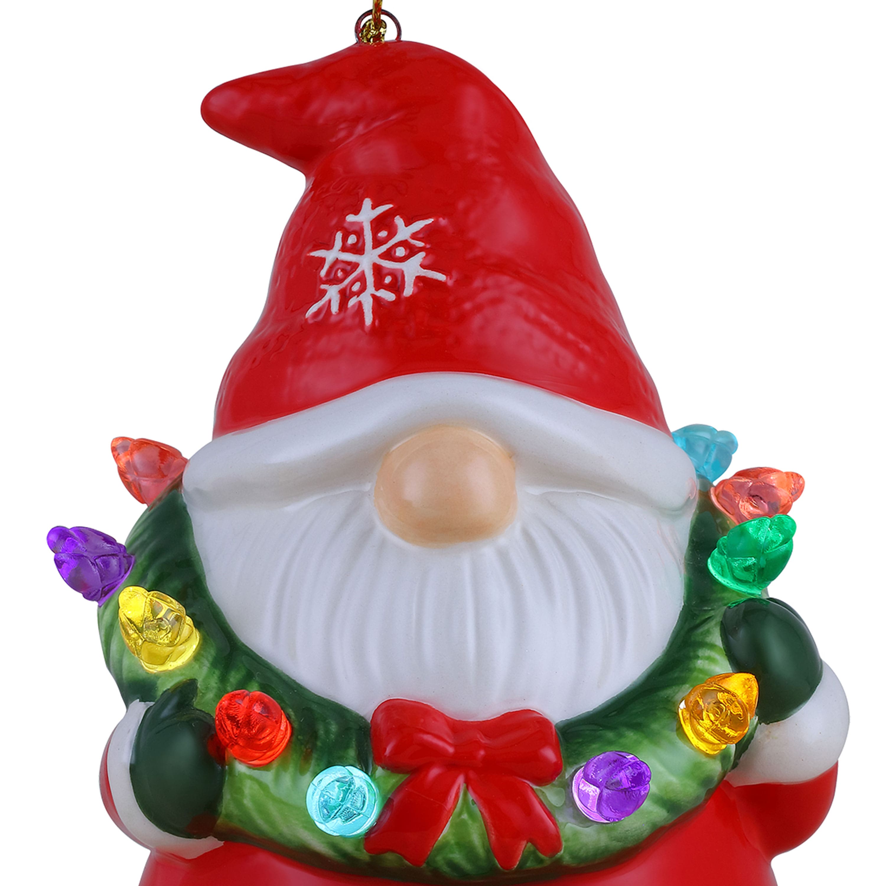 Ceramic LED Gnome with Wreath Ornament