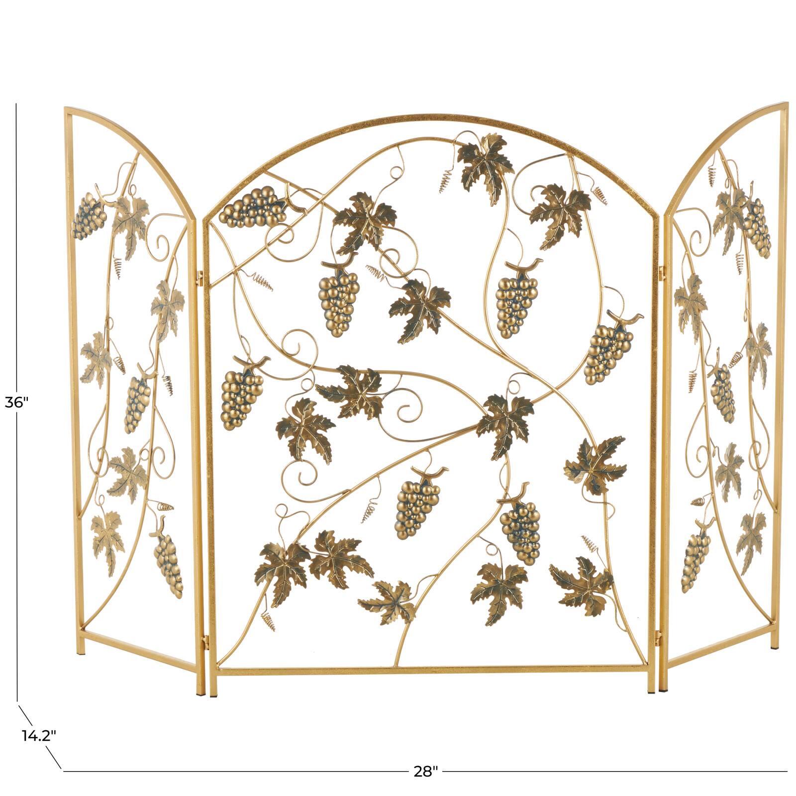 36" Gold Metal Fruit Foldable 3-Panel Fireplace Screen with Leaf Accents