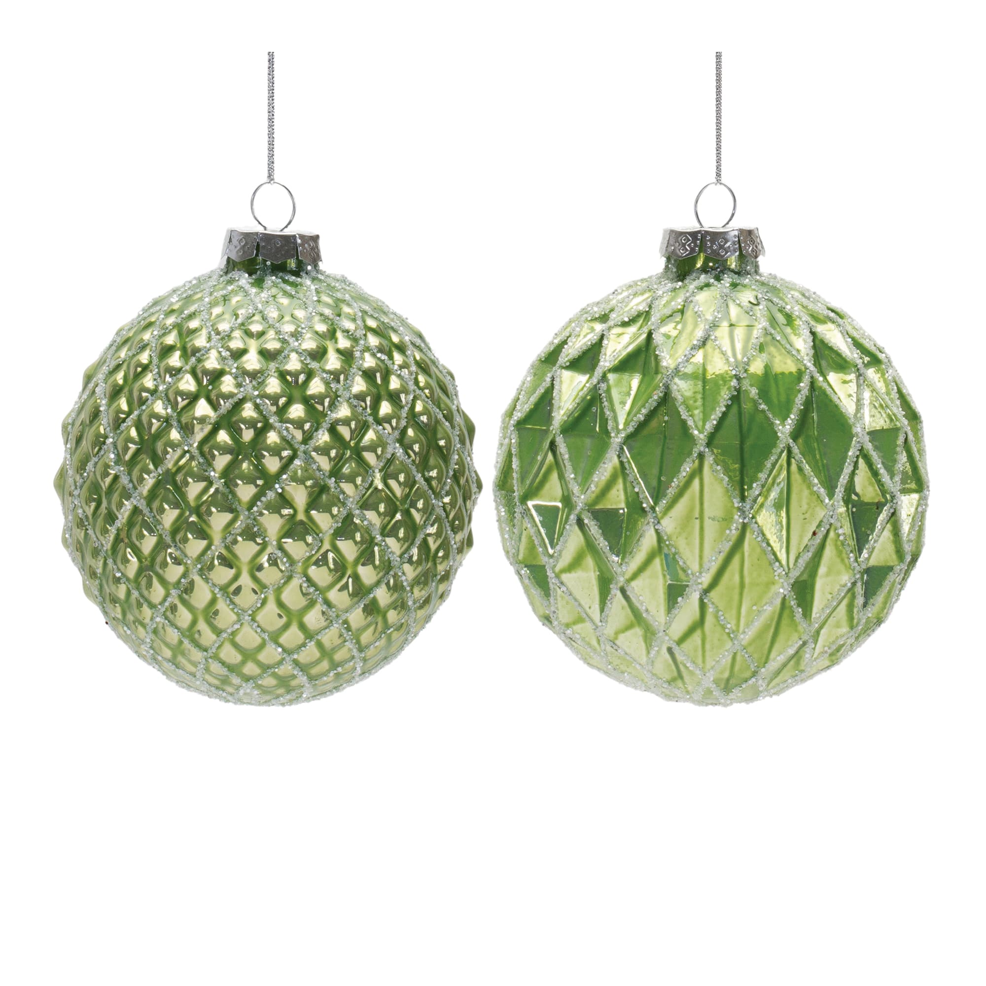 4.75&#x22; Green Glittered Harlequin Glass Ball Ornament Set