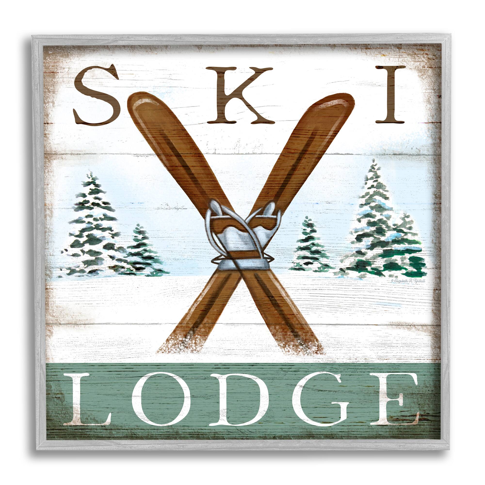 Stupell Industries Ski Lodge Rustic Cabin Sign Snowy Tree Forest Framed Wall Art