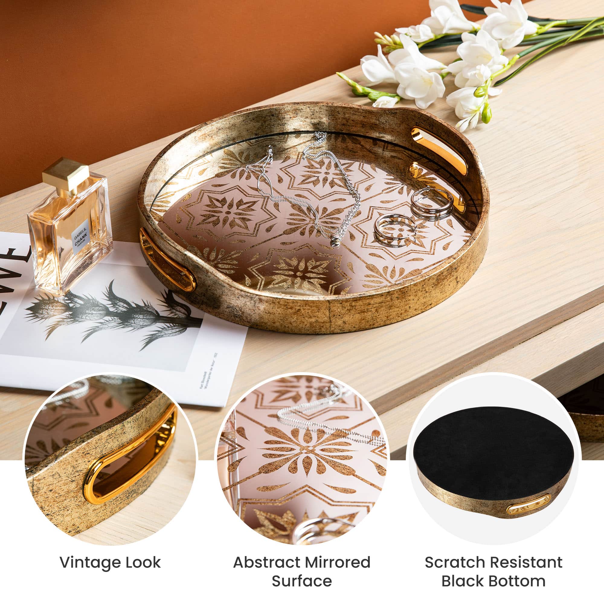 Glitzhome&#xAE; Gold Round Abstract Mirrored Trays Set