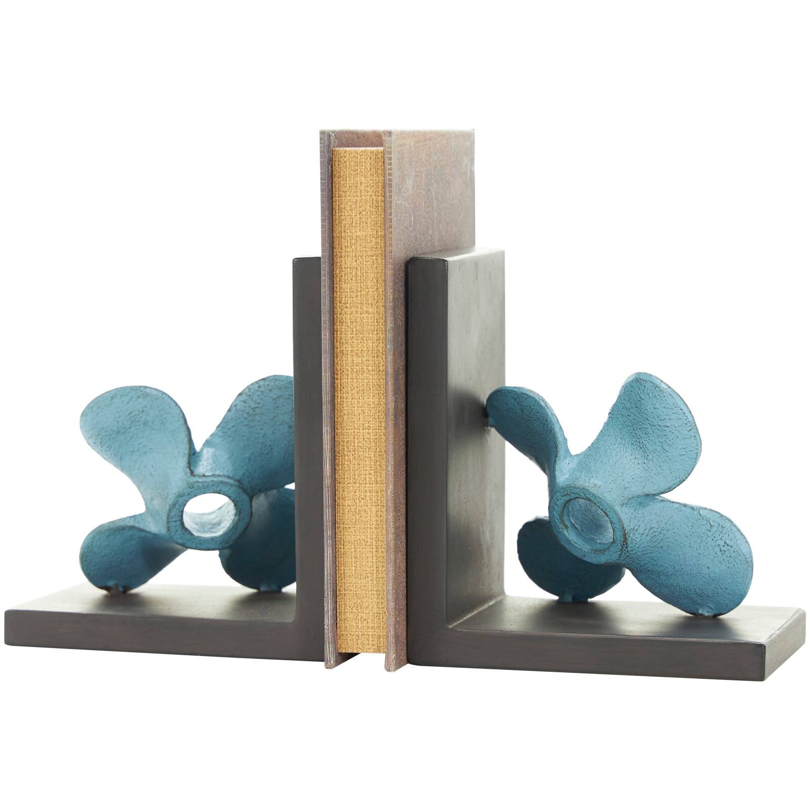 6.5" Teal Metal Boat Distressed Propeller Bookends with Brown L-Shaped Stands