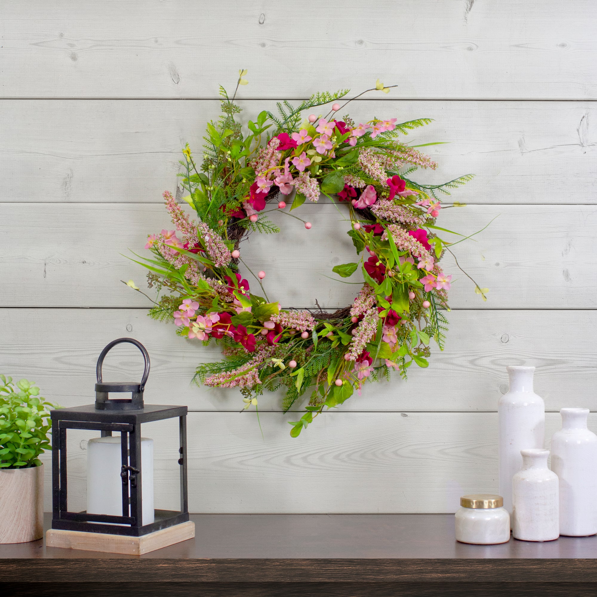 21" Pink Spring Floral Foliage & Berry Twig Wreath