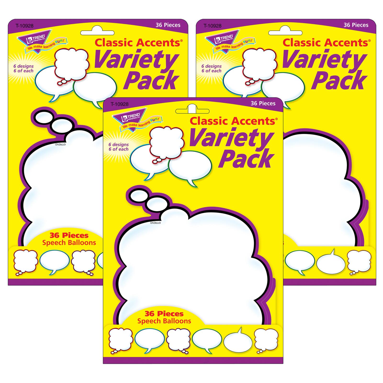TREND Enterprises® Speech Balloons Classic Accents® Variety Pack, 3 Packs of 36