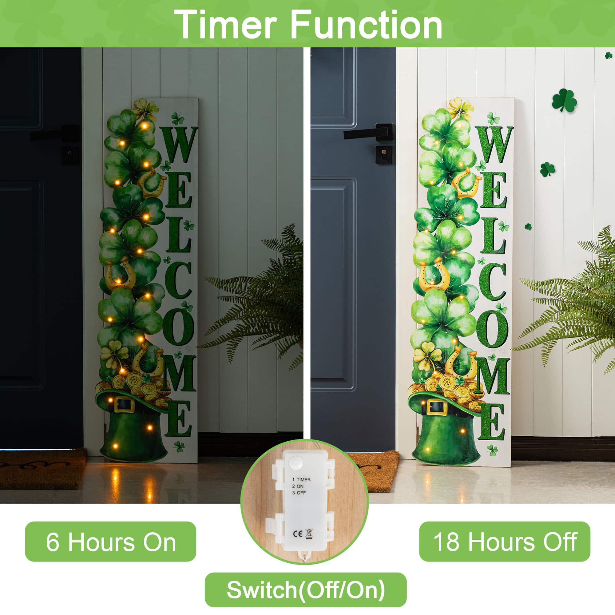 Glitzhome® 42" St. Patrick's Wooden Lighted Stacked Shamrock Porch Decor with Timer