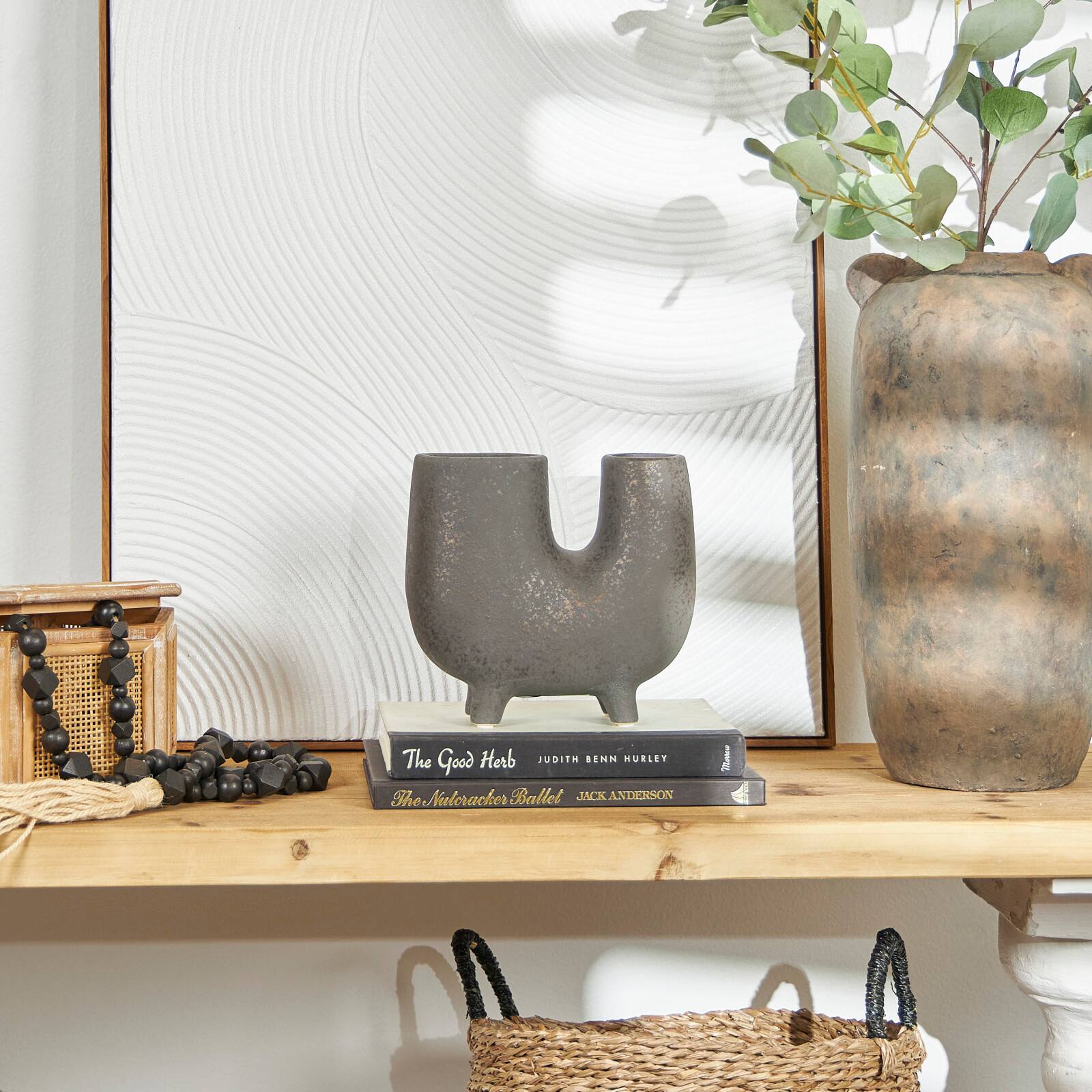 8" Dark Gray Ceramic U-Shaped Abstract Vase with Small Feet