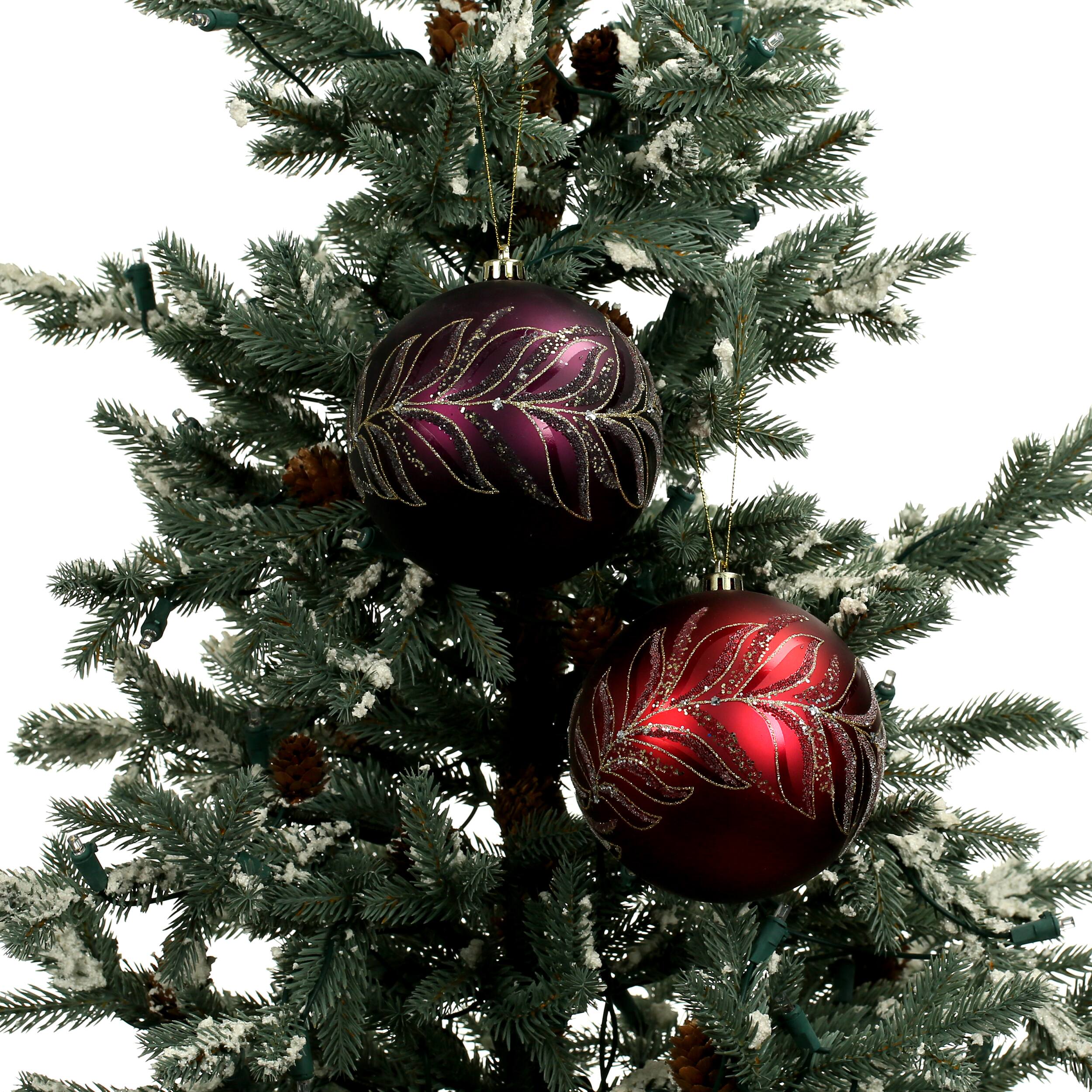 2 Pack 4.7" Purple & Red Glitter Leaves Shatterproof Ball Ornaments by Ashland®