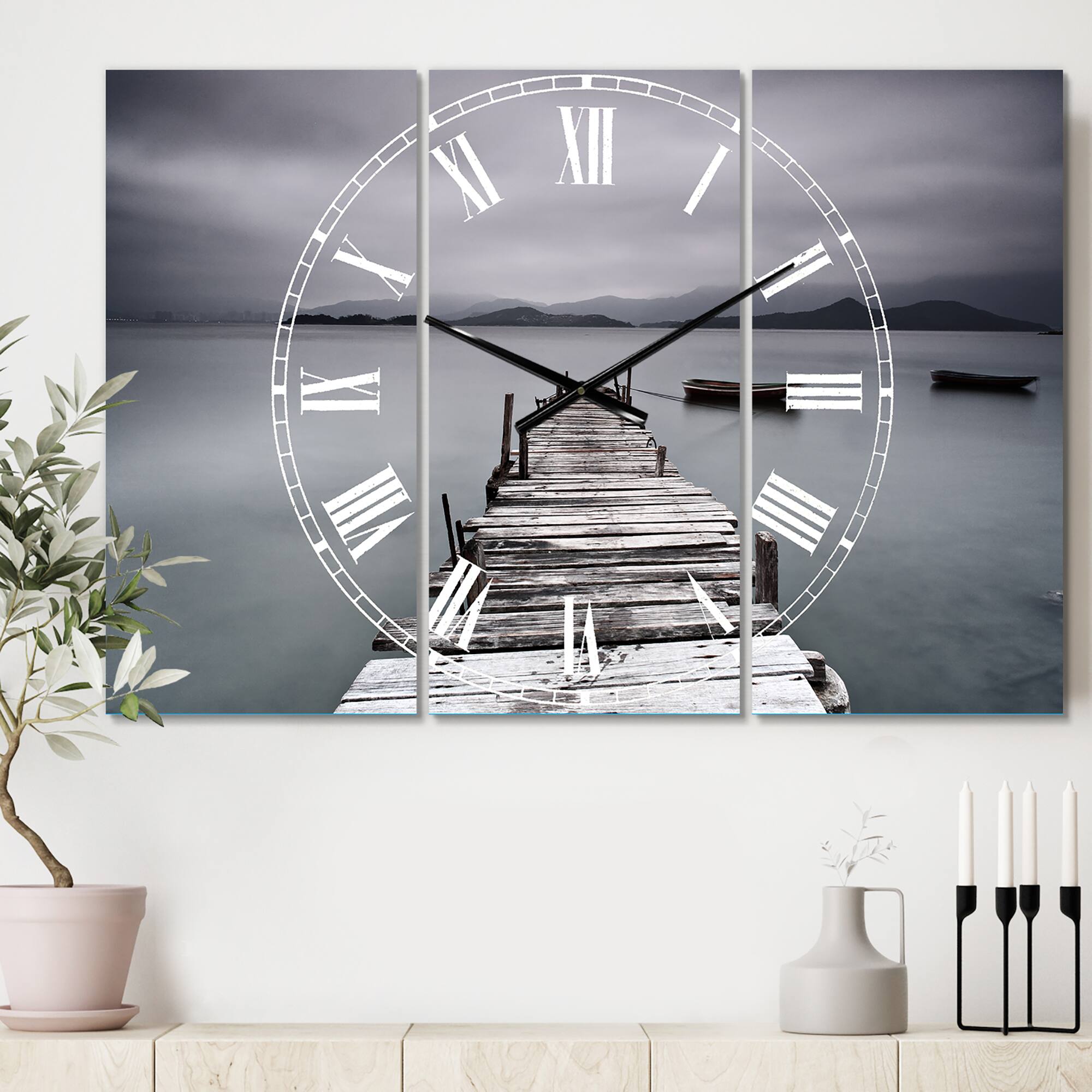 Designart 'Pier And Boats At Seashore Beach Style Multipanel Wall Clock