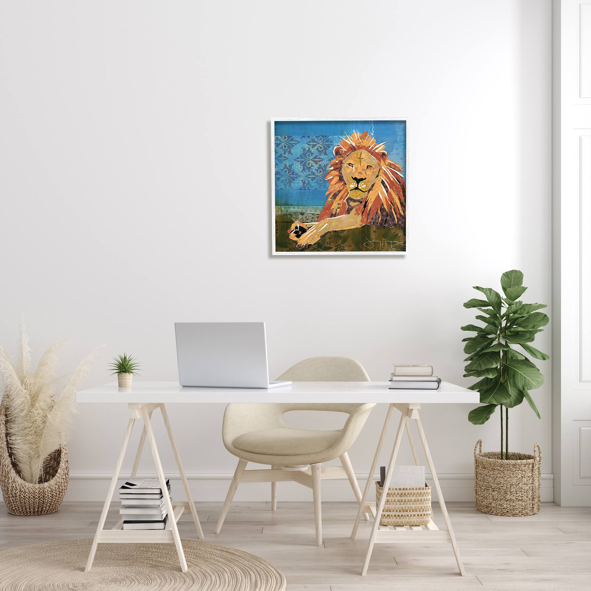 Stupell Industries Safari Lion Abstract Shape Collage Blue Orange in White Frame Wall Art