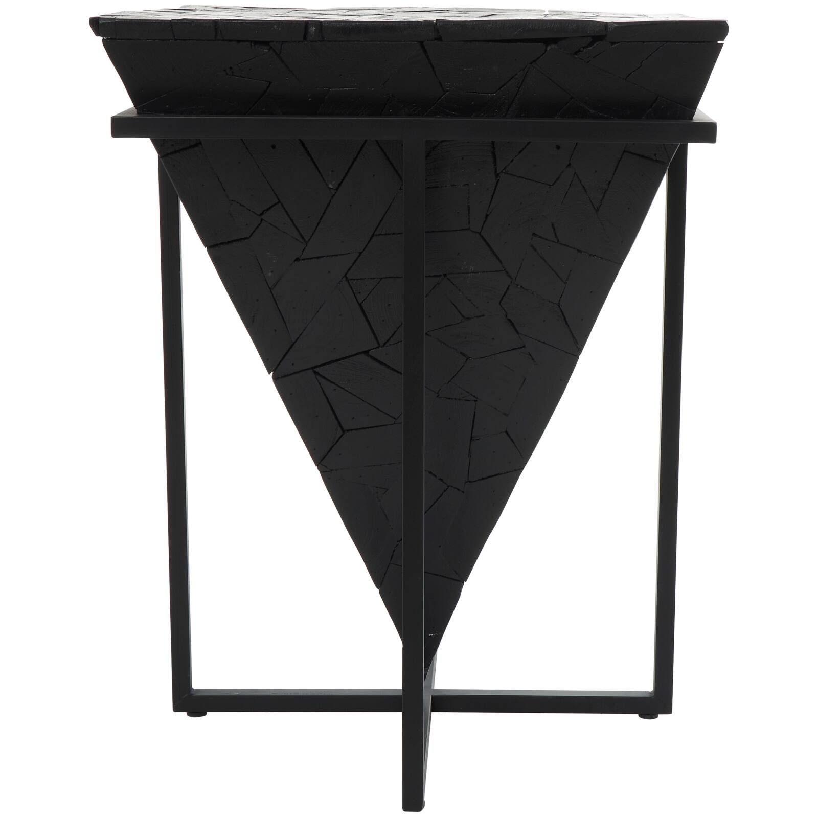 22" Black Teak Wood Geometric Handmade Inverted Pyramid Accent Table with Black Metal Base
