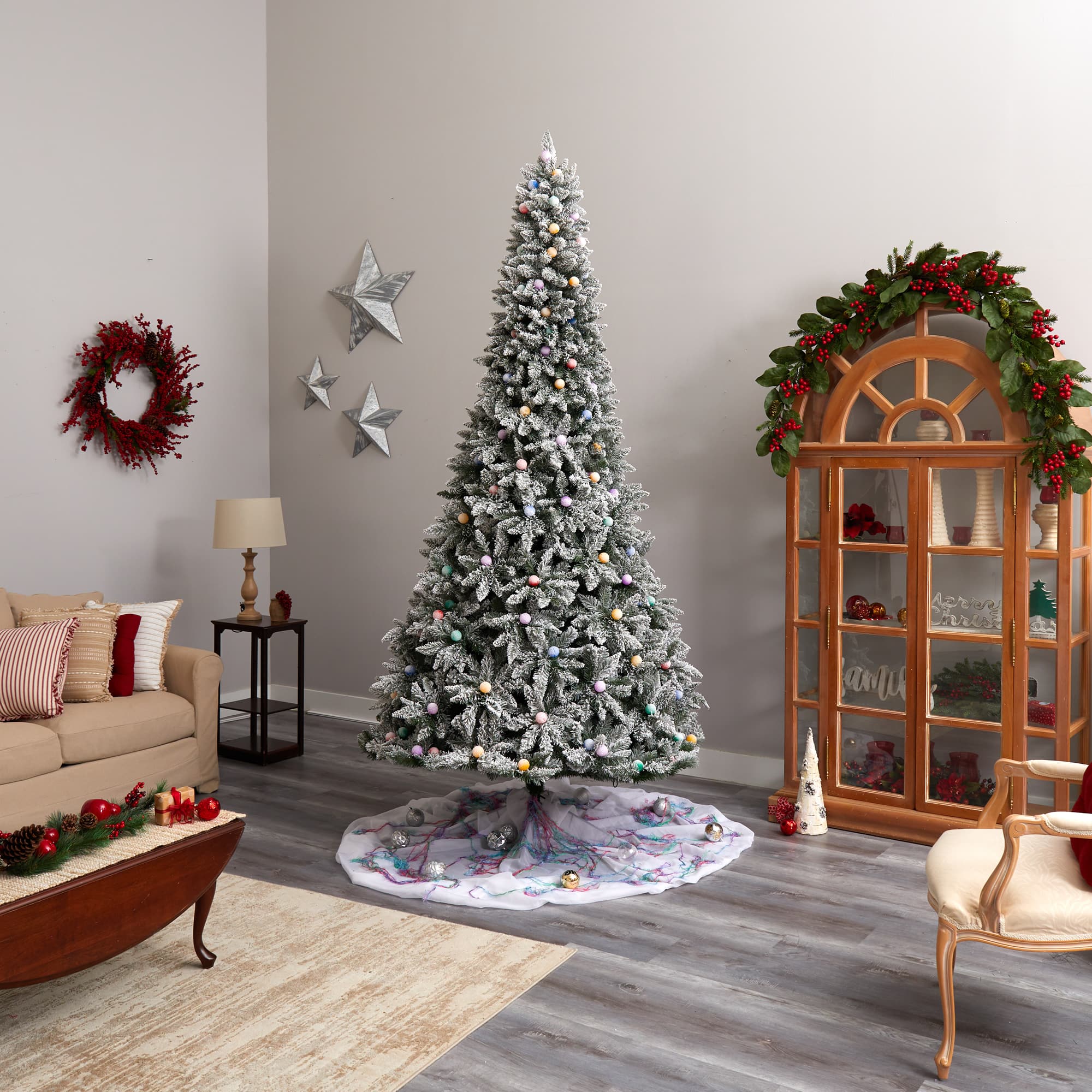 9.5ft. Pre-Lit Flocked British Columbia Mountain Fir Artificial Christmas Tree, Multicolor Globe Bulbs