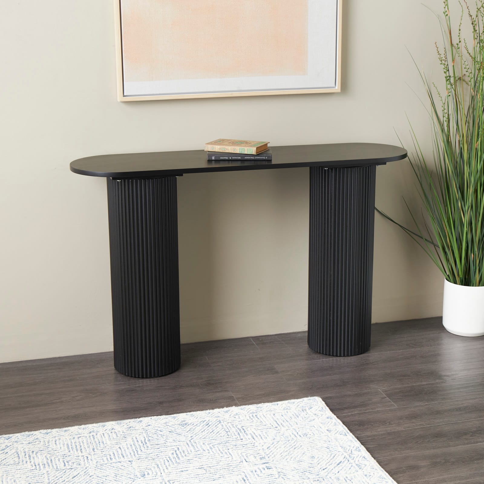52&#x22; Black Wooden Geometric Oval Console Table with Ribbed Pillar Legs