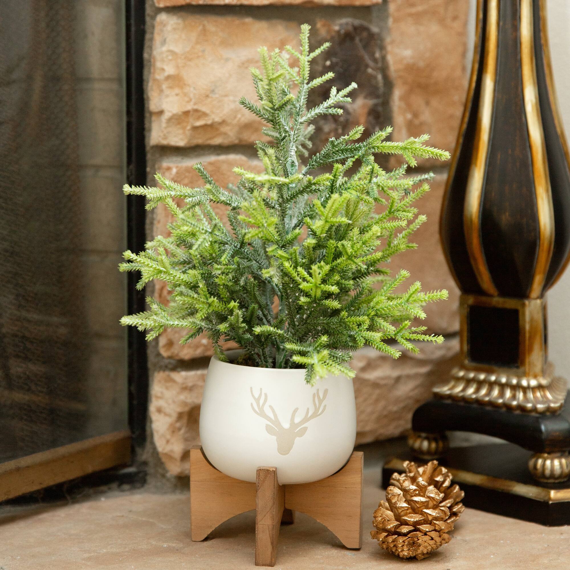 16" Unlit Frosted Artificial Christmas Tree in Staghead Ceramic Pot on Wood Stand