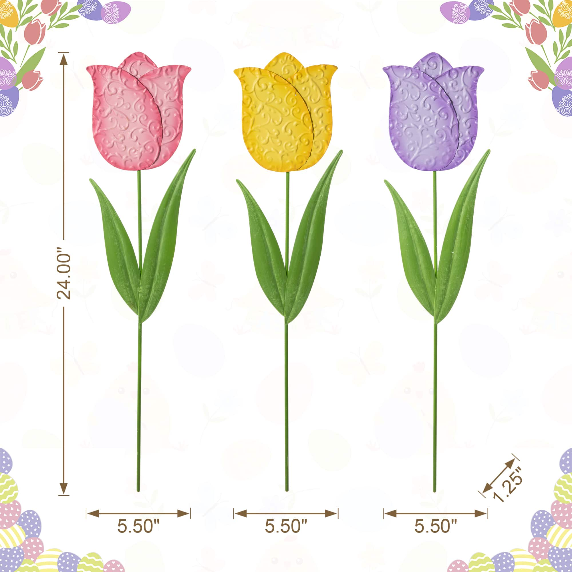 Glitzhome&#xAE; 24&#x22; Easter Metal Tulips Yard Stake Set